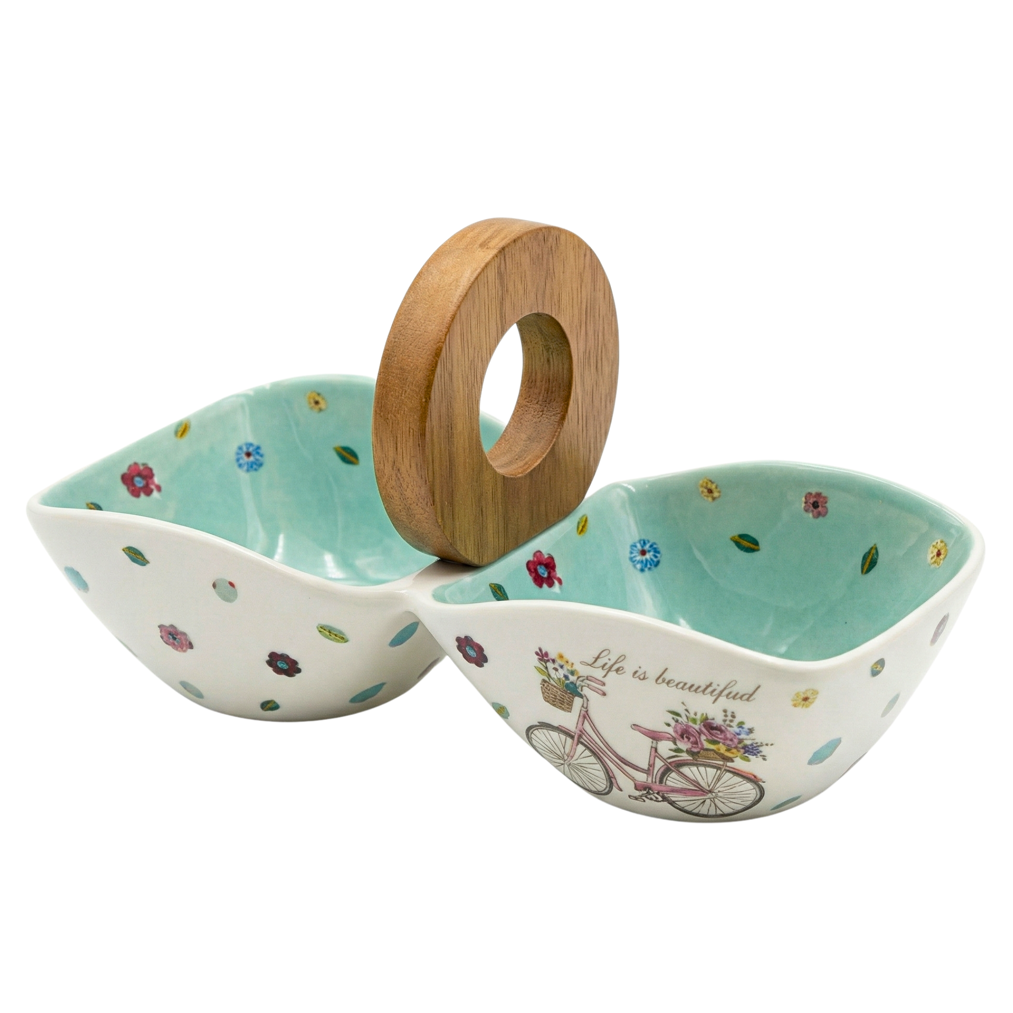 Serviteur Apéritif Double en Céramique & Bois – Motif "Life is Beautiful"