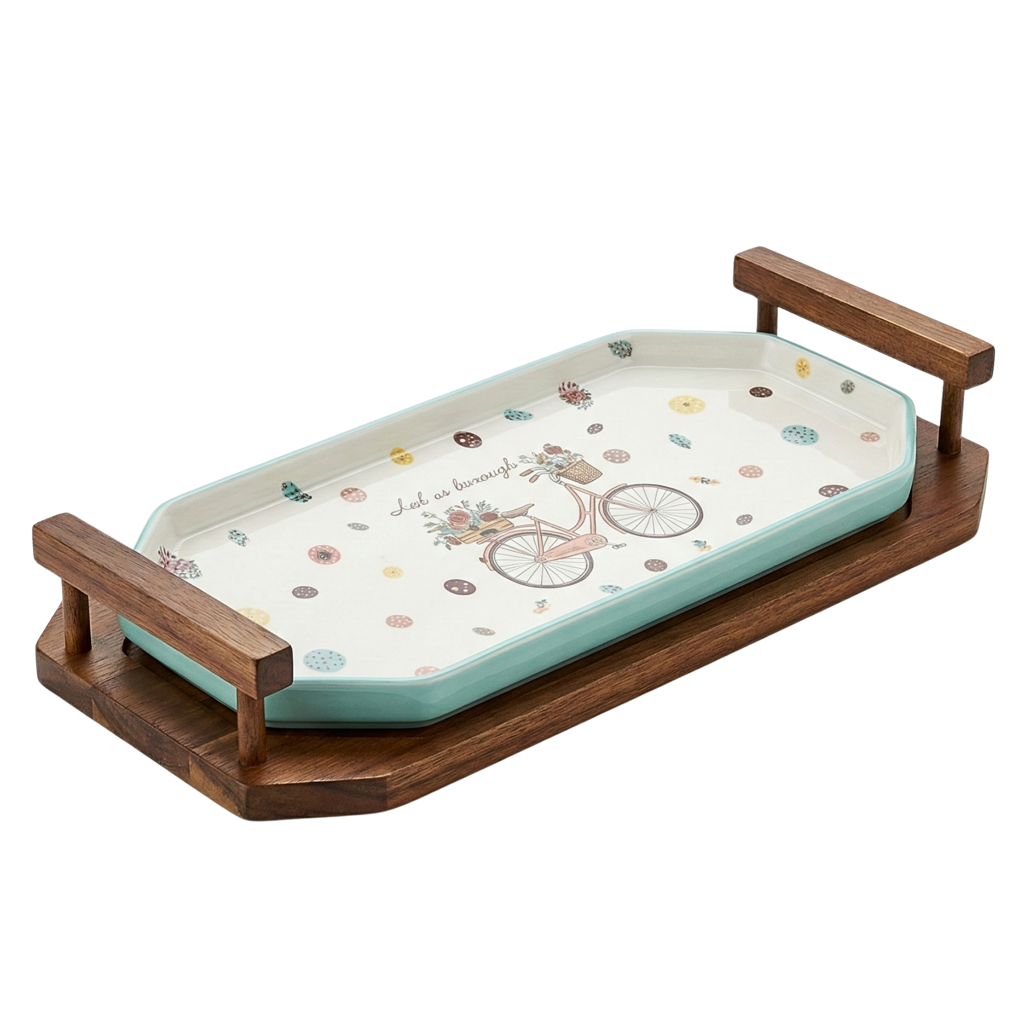 Plateau de Service Bois & Céramique – Design Vélo Vintage & Pastel