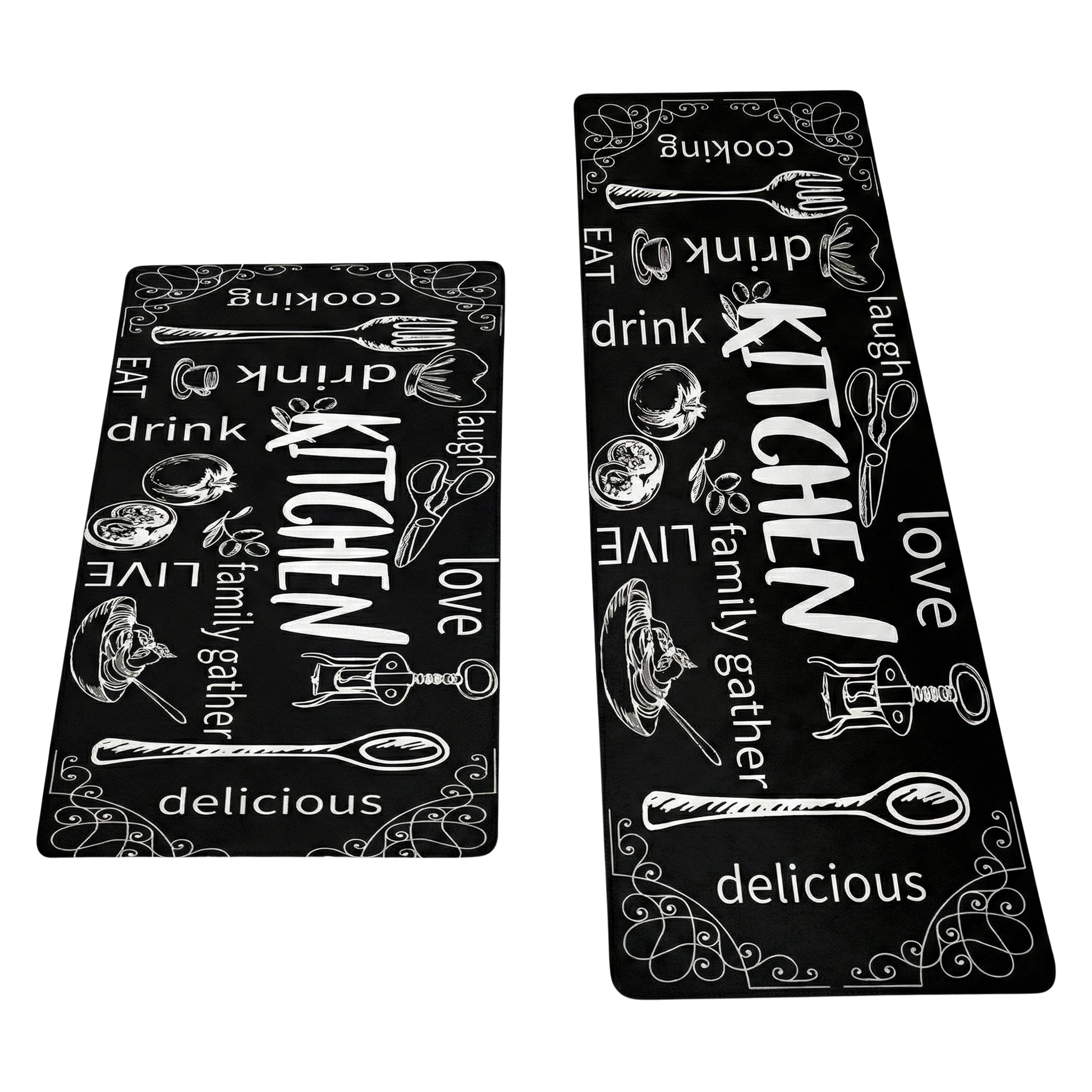 Duo Tapis de Cuisine "Kitchen Black" Design Bistro – 2 Pièces Antidérapantes