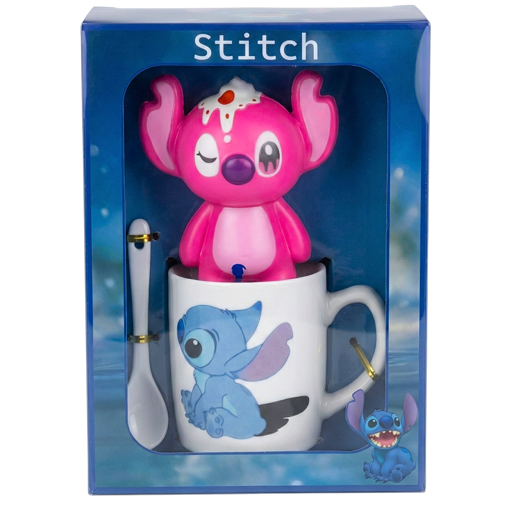 Coffret Mug Stitch & Angel Rose - Tasse avec Couvercle 3D et Cuillère