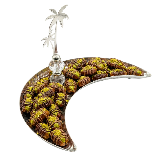 Plateau Croissant de Lune Argenté & Palmier – Déco Table Ramadan