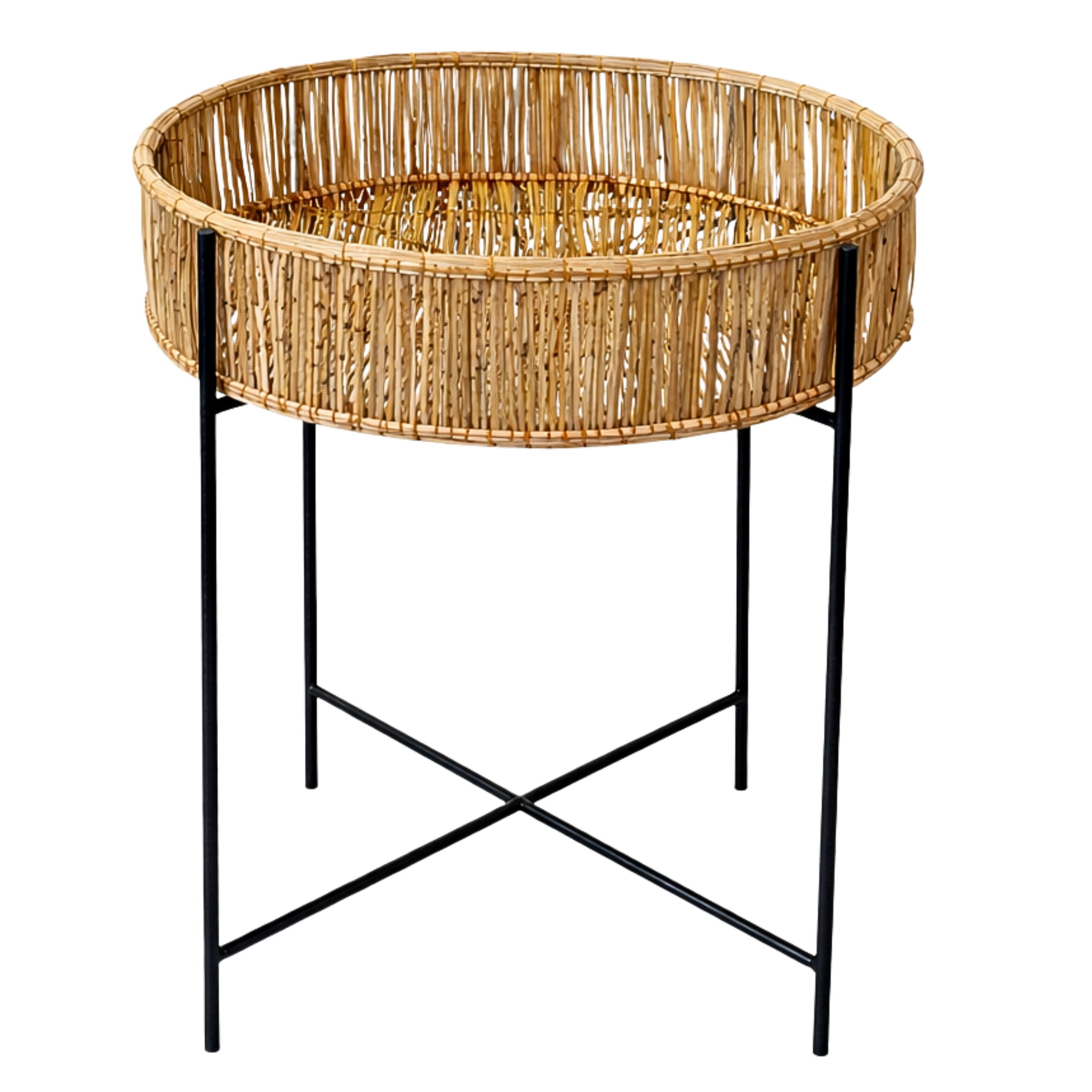Table d'Appoint Ronde Fibres de Palmier & Métal Noir | Fiolla Home