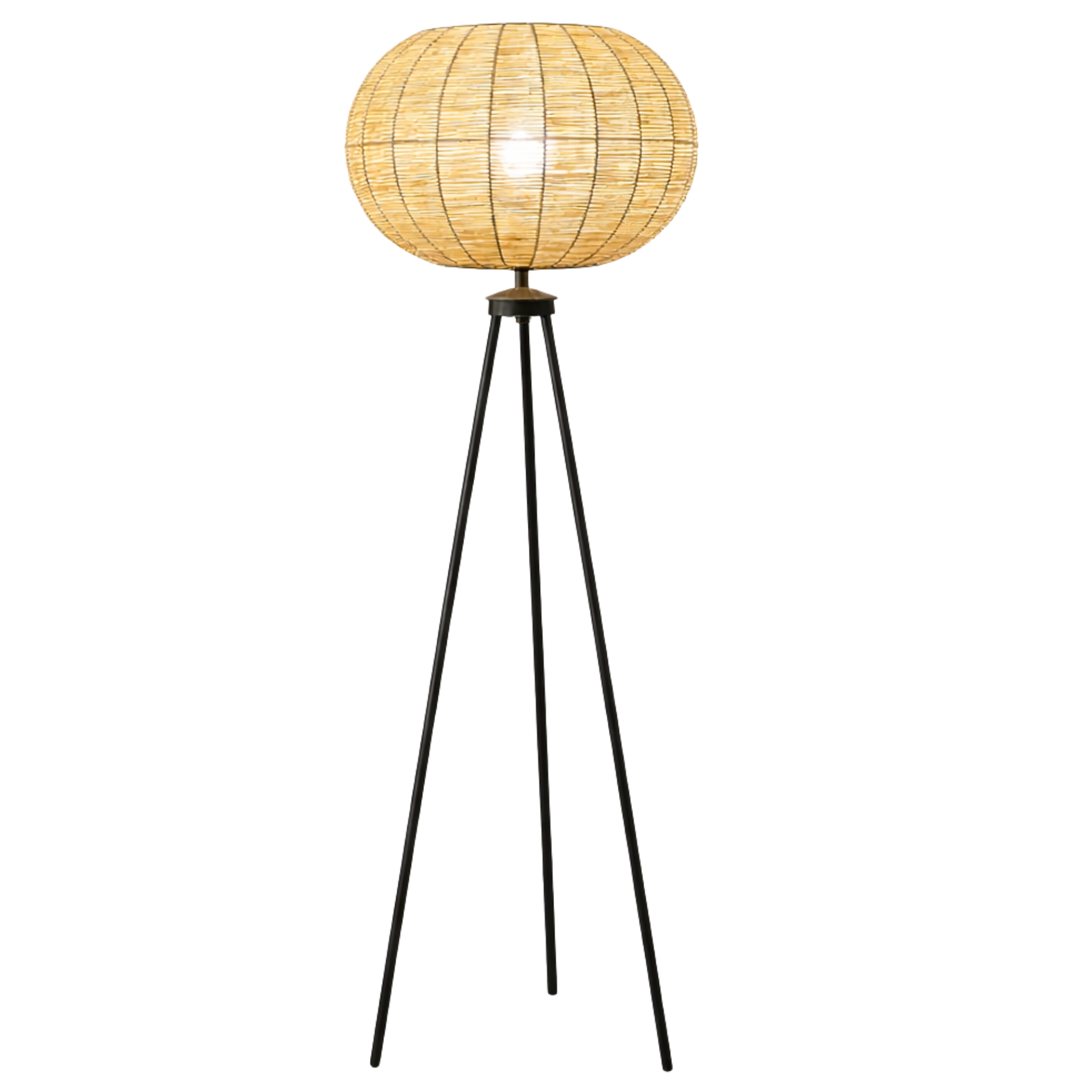 Lampadaire Trépied Rotin | Globe Tressé Pied Noir | Fiolla Home