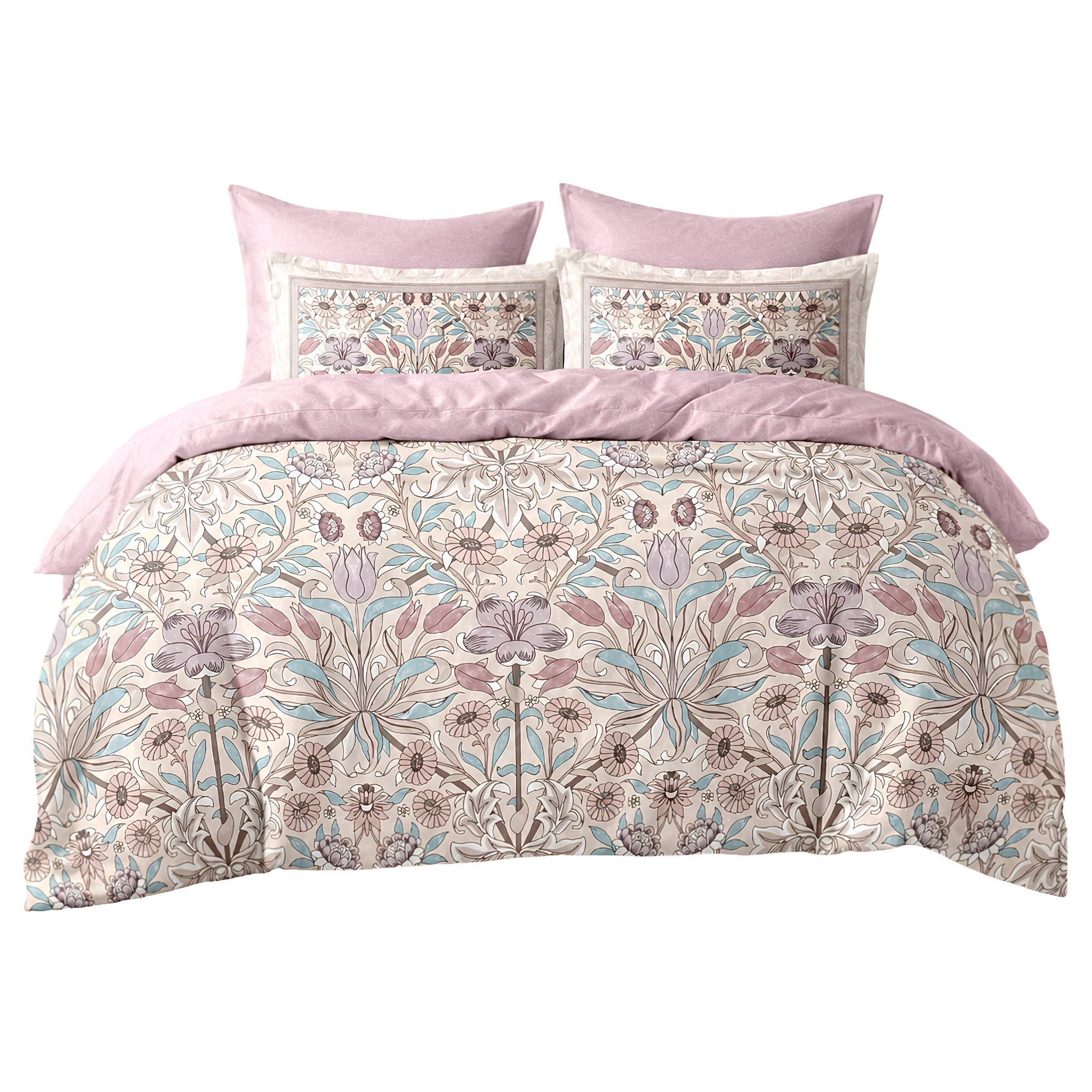 Ensemble Parure de Lit Satin Coton Motif Floral Vintage Rose | Fiolla Home