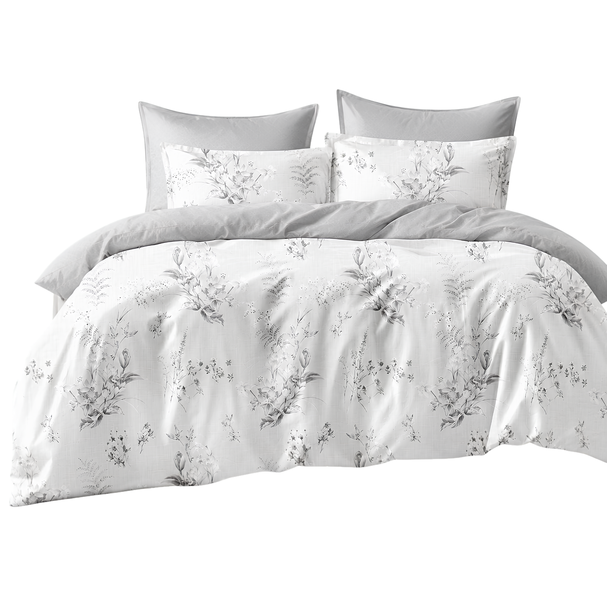 Ensemble Parure de Lit Satin Coton Motif Floral Blanc Gris | Fiolla Home