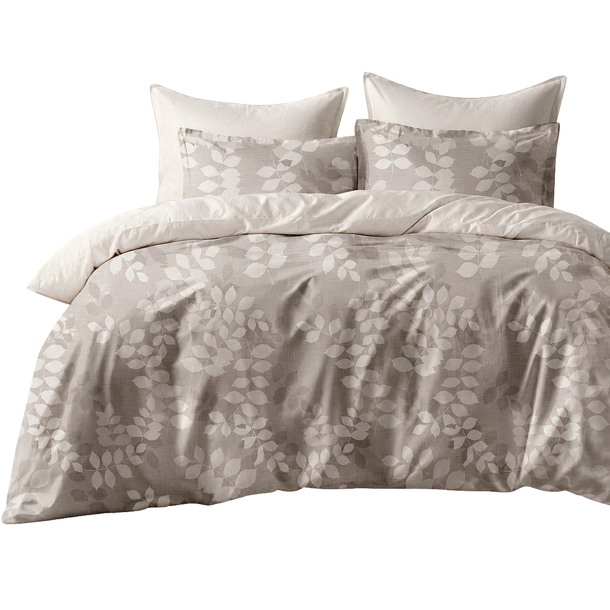 Ensemble Parure de Lit Satin Coton Motif Feuillage Beige | Fiolla Home