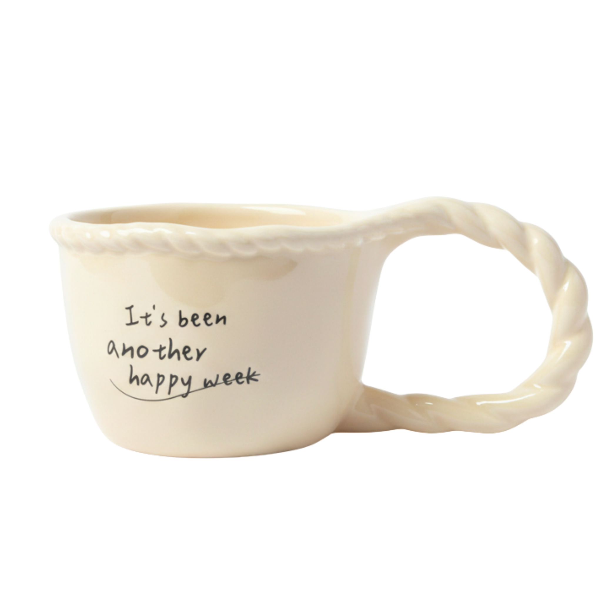 Mug en céramique crème – Anse torsadée & message “Happy Week” | Fiolla Home