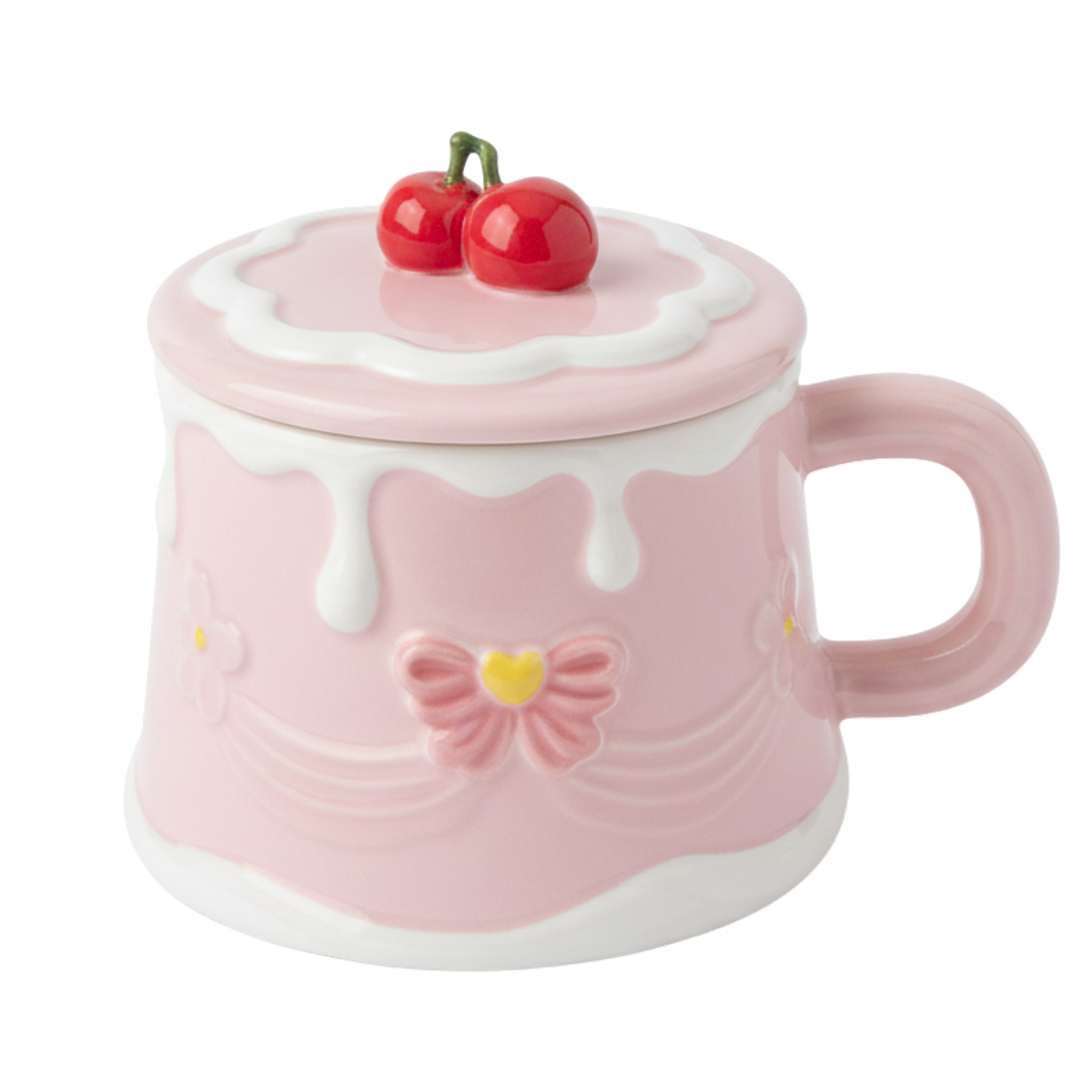 Mug Gâteau Rose Pastel avec Couvercle Cerise – Style Coquette & Cadeau