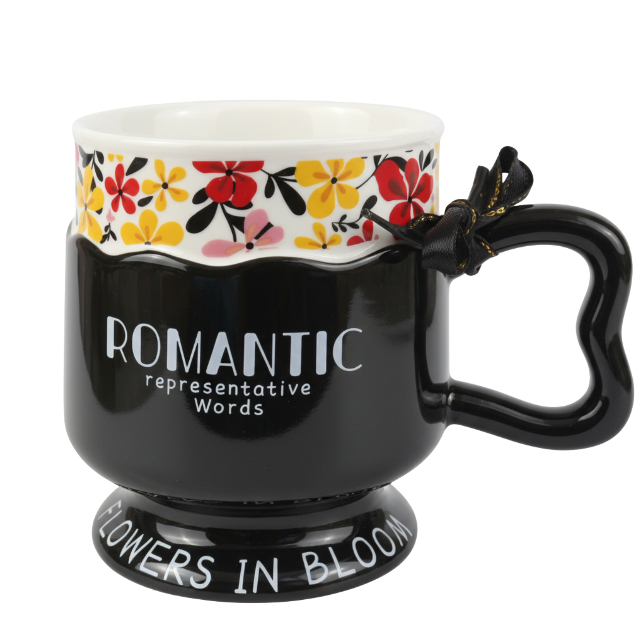 Mug en céramique noir – Fleurs colorées & message “Romantic” | Fiolla Home