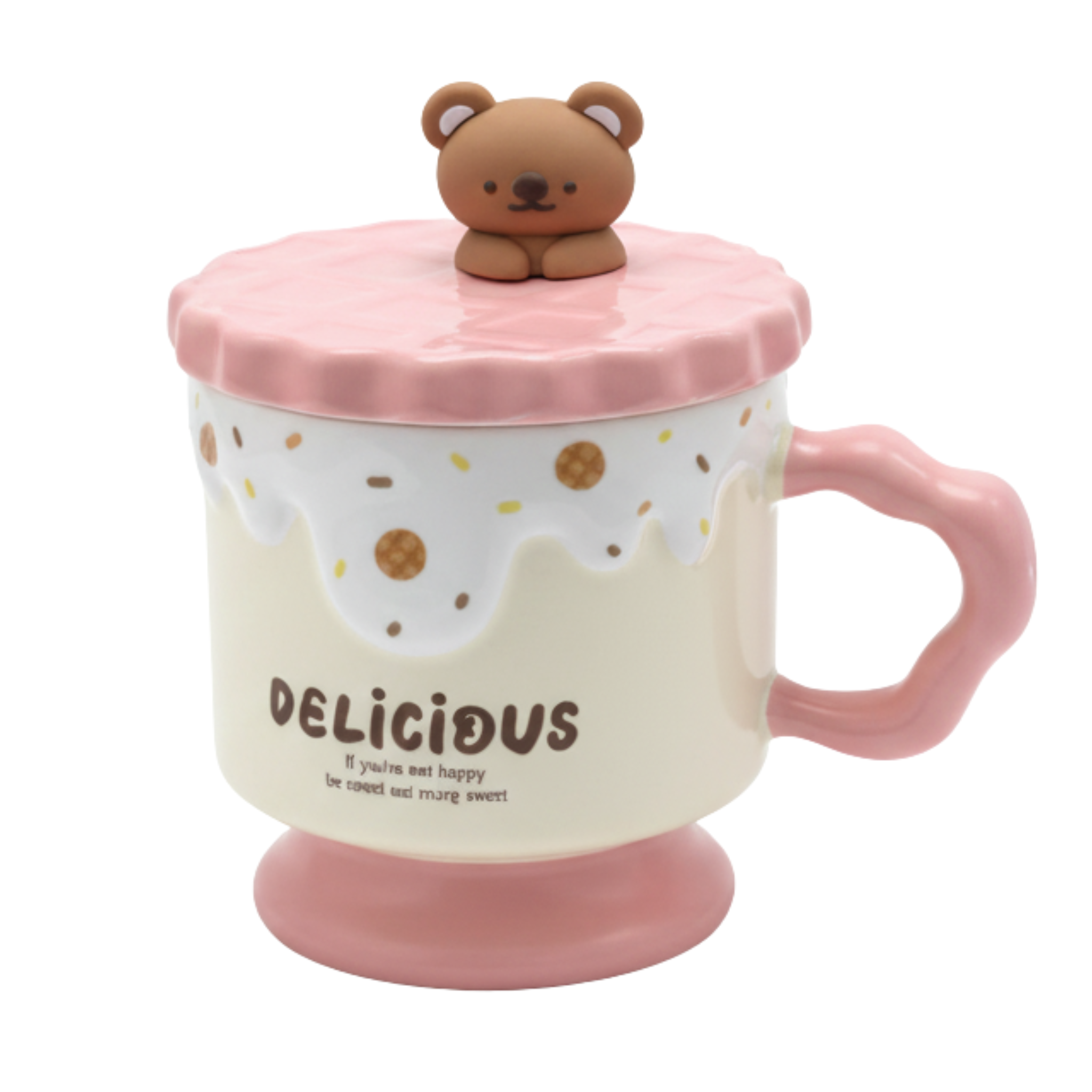 Mug kawaii en céramique – Couvercle biscuit rose & ourson | Fiolla Home