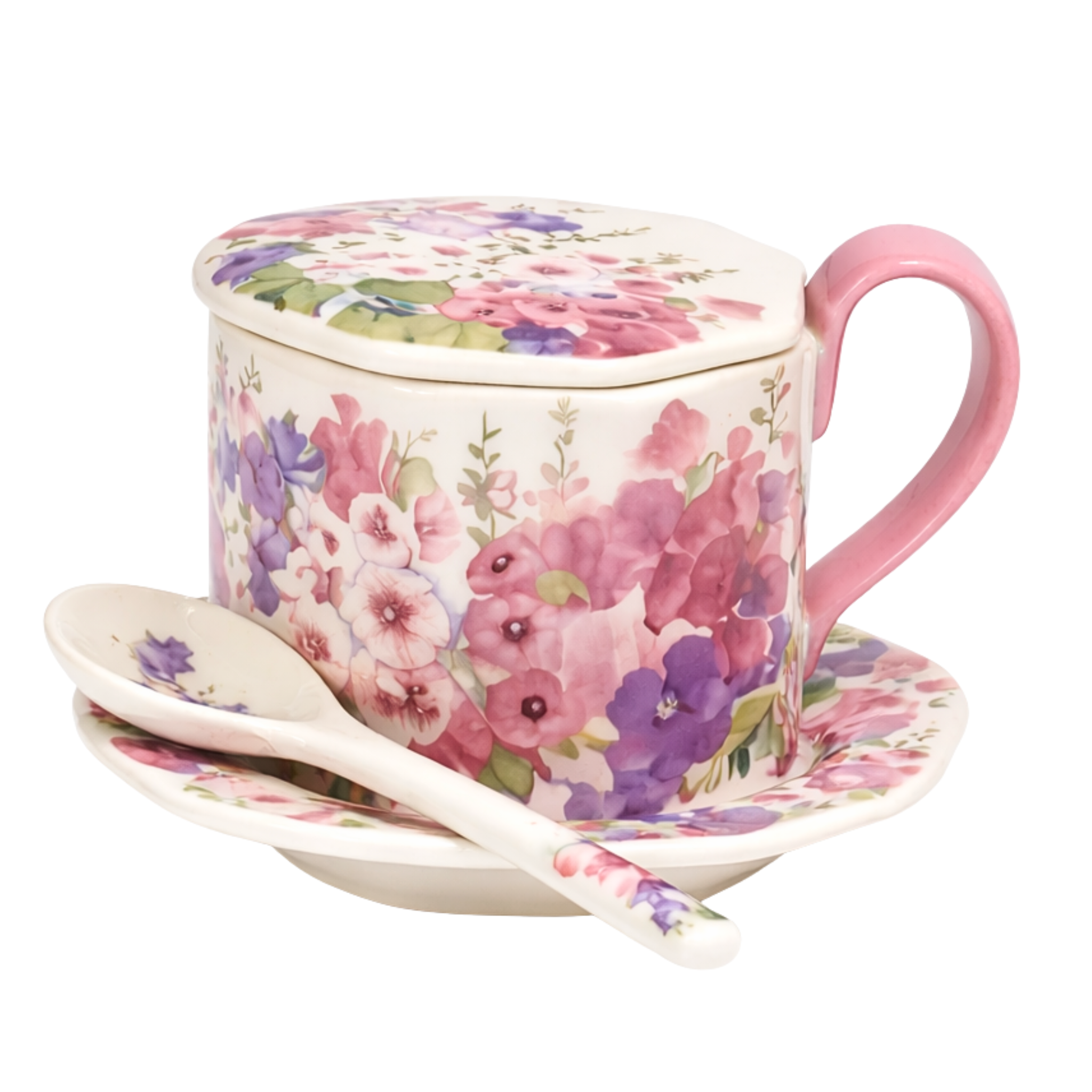 Mug Vintage Floral avec Couvercle et Cuillère – Idée Cadeau Tunisie