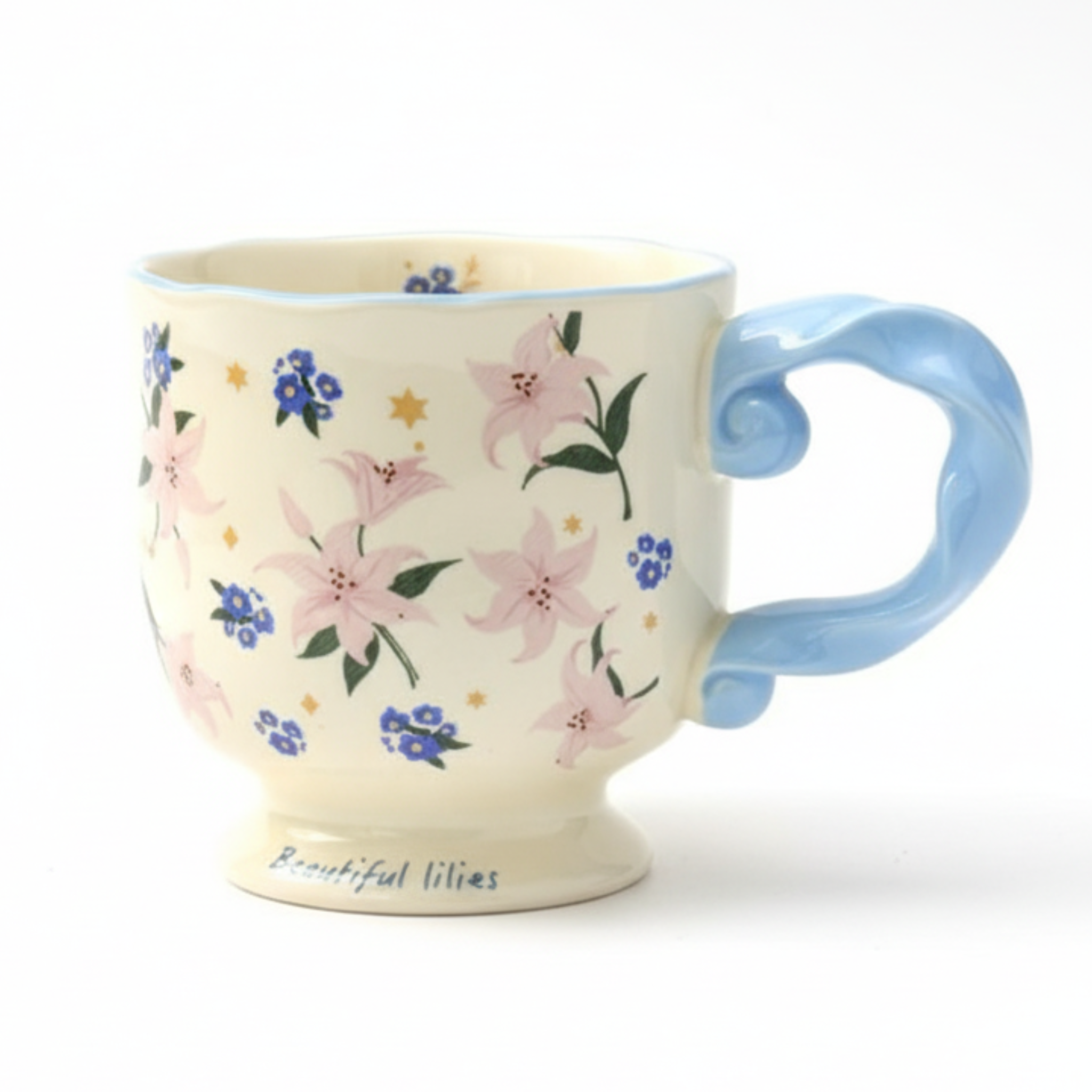 Mug en porcelaine – Fleurs de lys & anse bleue | Fiolla Home