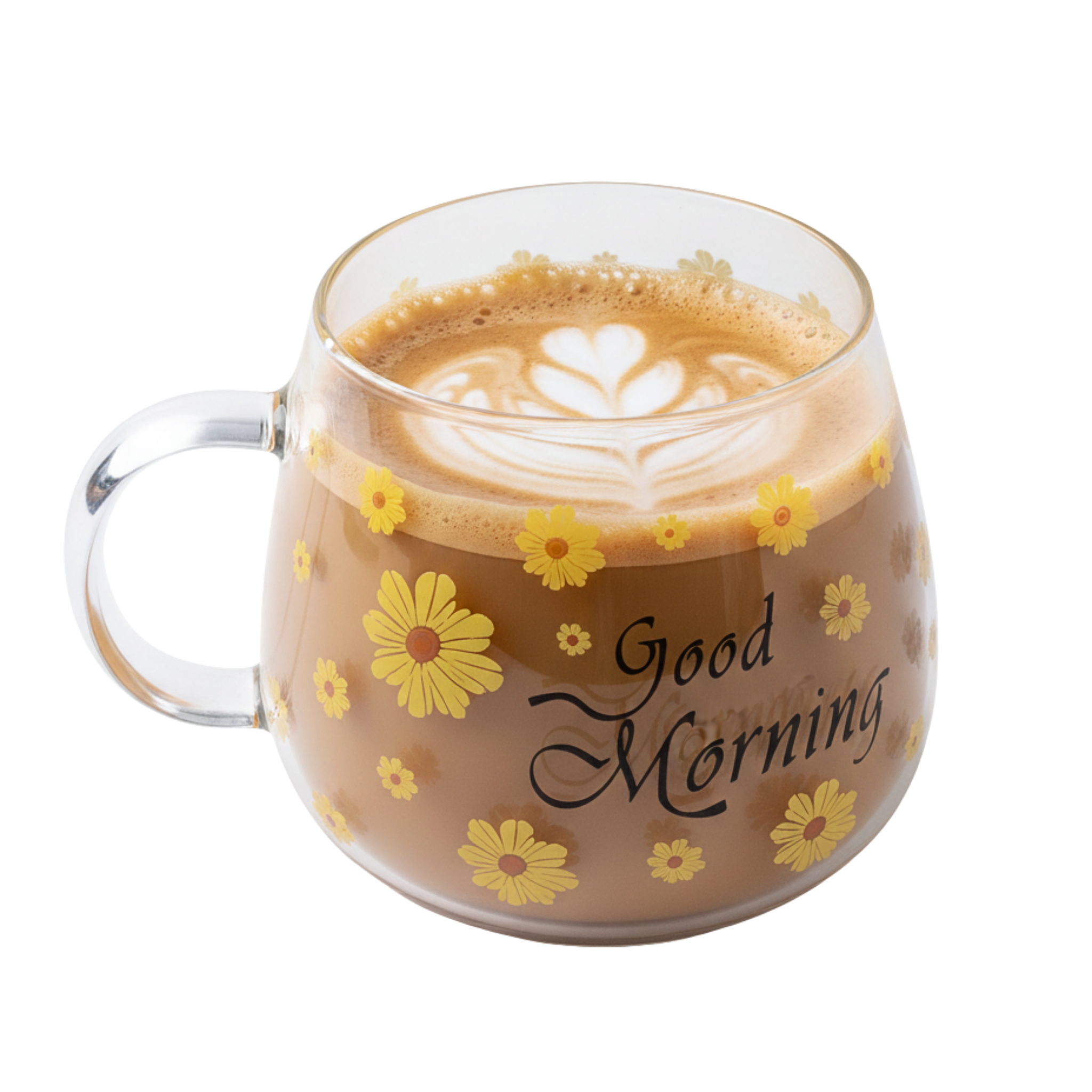 Mug en Verre Fleur Jaune "Good Morning" – Tasse Café & Latte Design