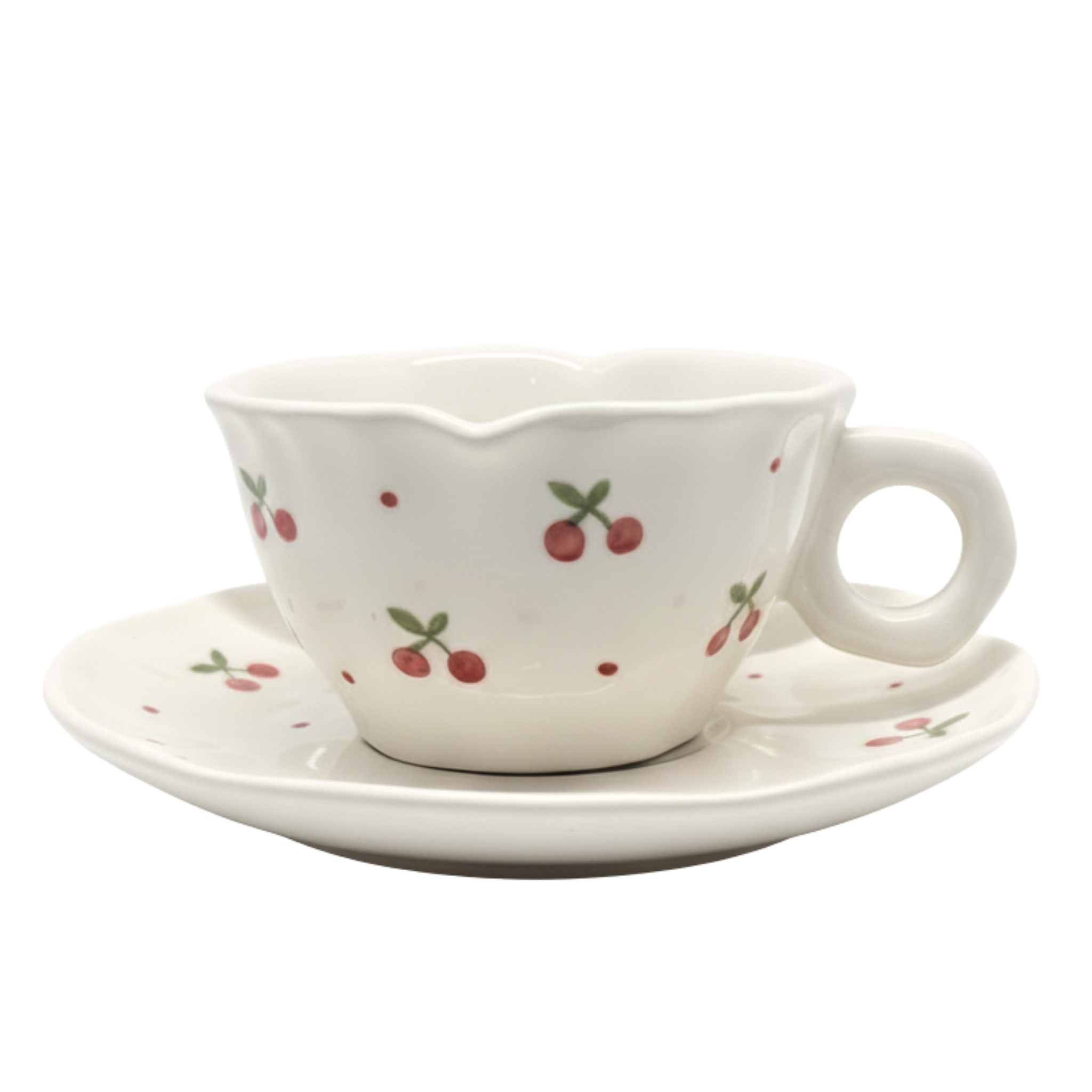 Mug et Sous-Tasse en Céramique Blanche avec Design Cerises