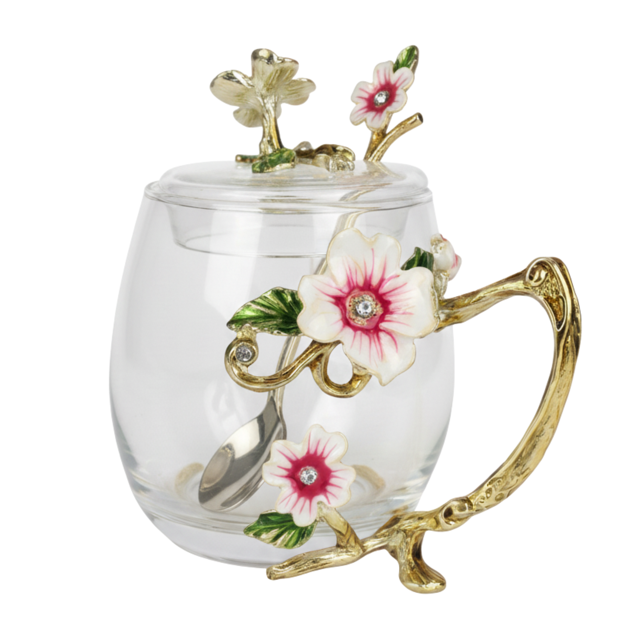 Mug Élégant en Verre et Métal Doré avec Détails Floraux et Cuillère