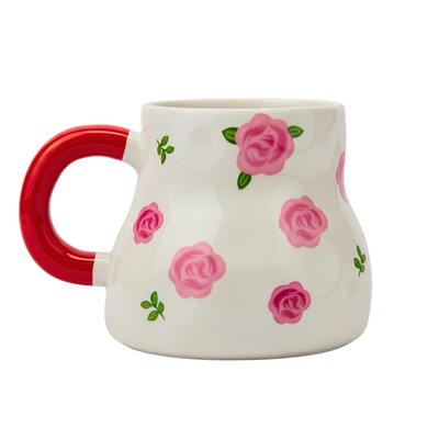 Mug Fleuri Joyful – Céramique Originale avec Fleurs Roses et Anse Rose