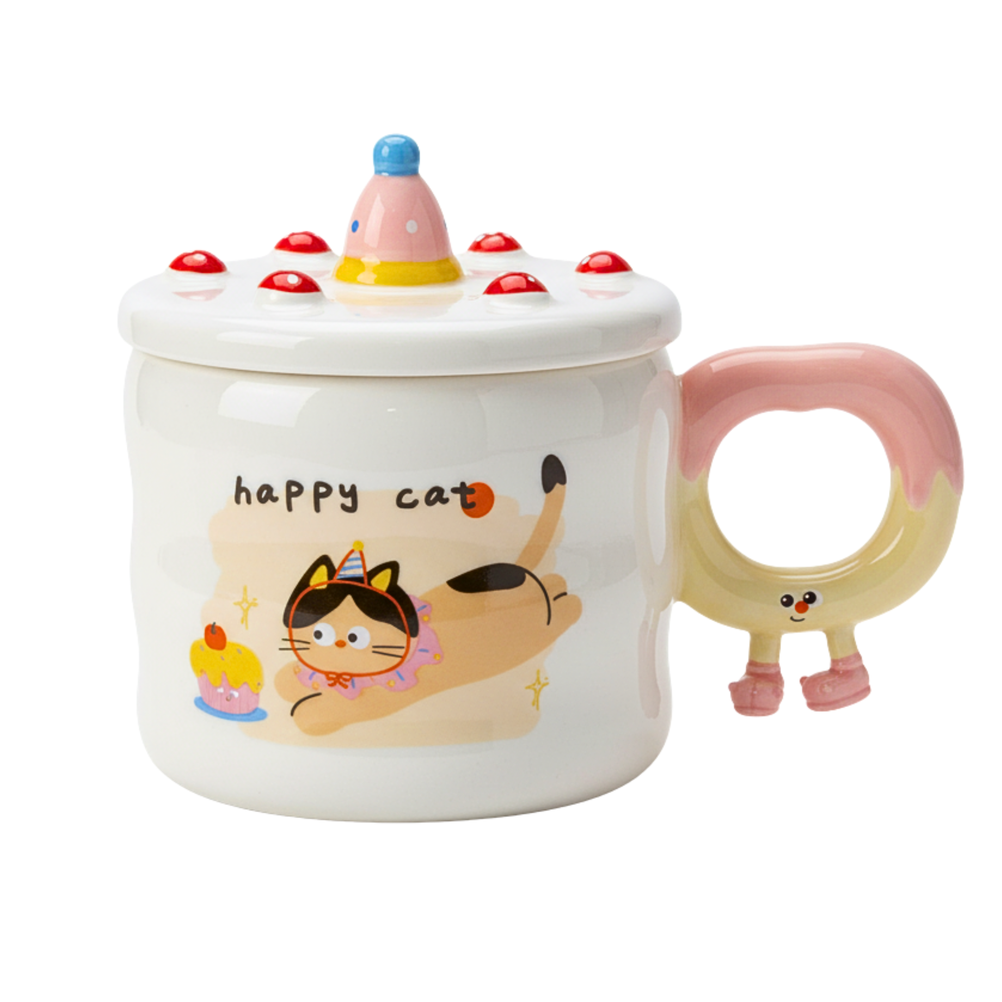 Mug “Happy Cat” céramique – Couvercle 3D & anse à pieds | Fiolla Home