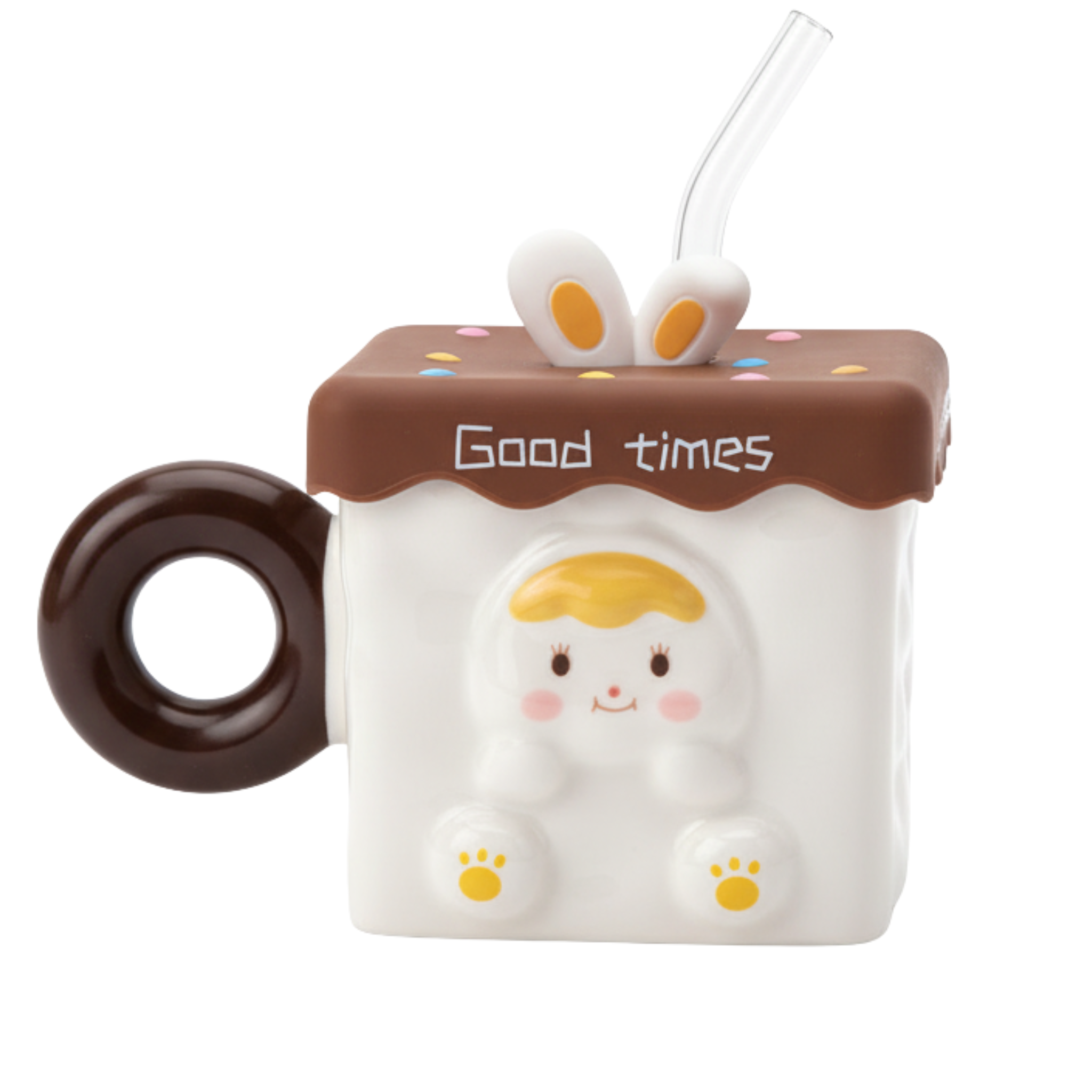 Mug carré “Good times” chocolat – Couvercle + paille | Fiolla Home