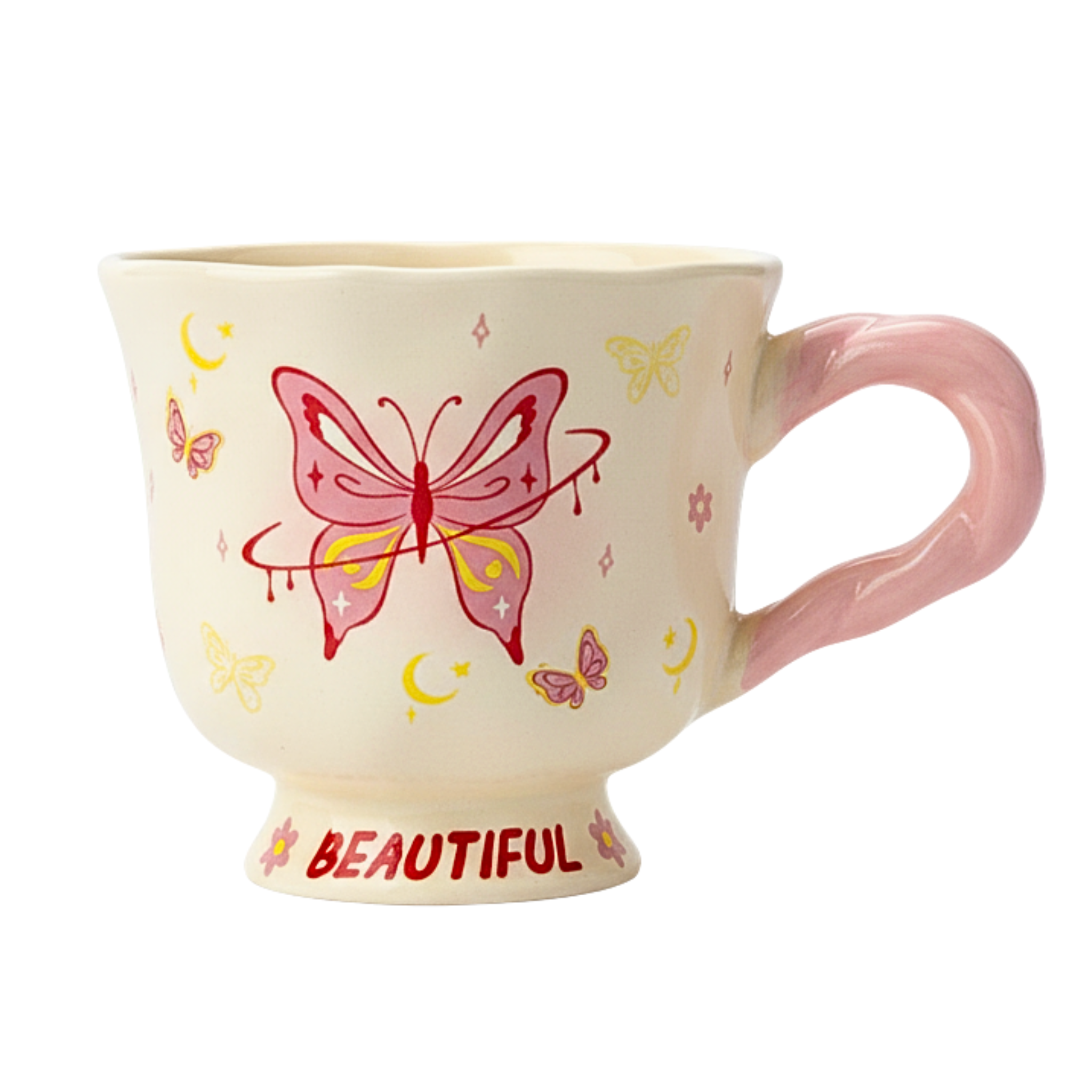 Mug papillon rose “Beautiful” – Céramique base évasée | Fiolla Home
