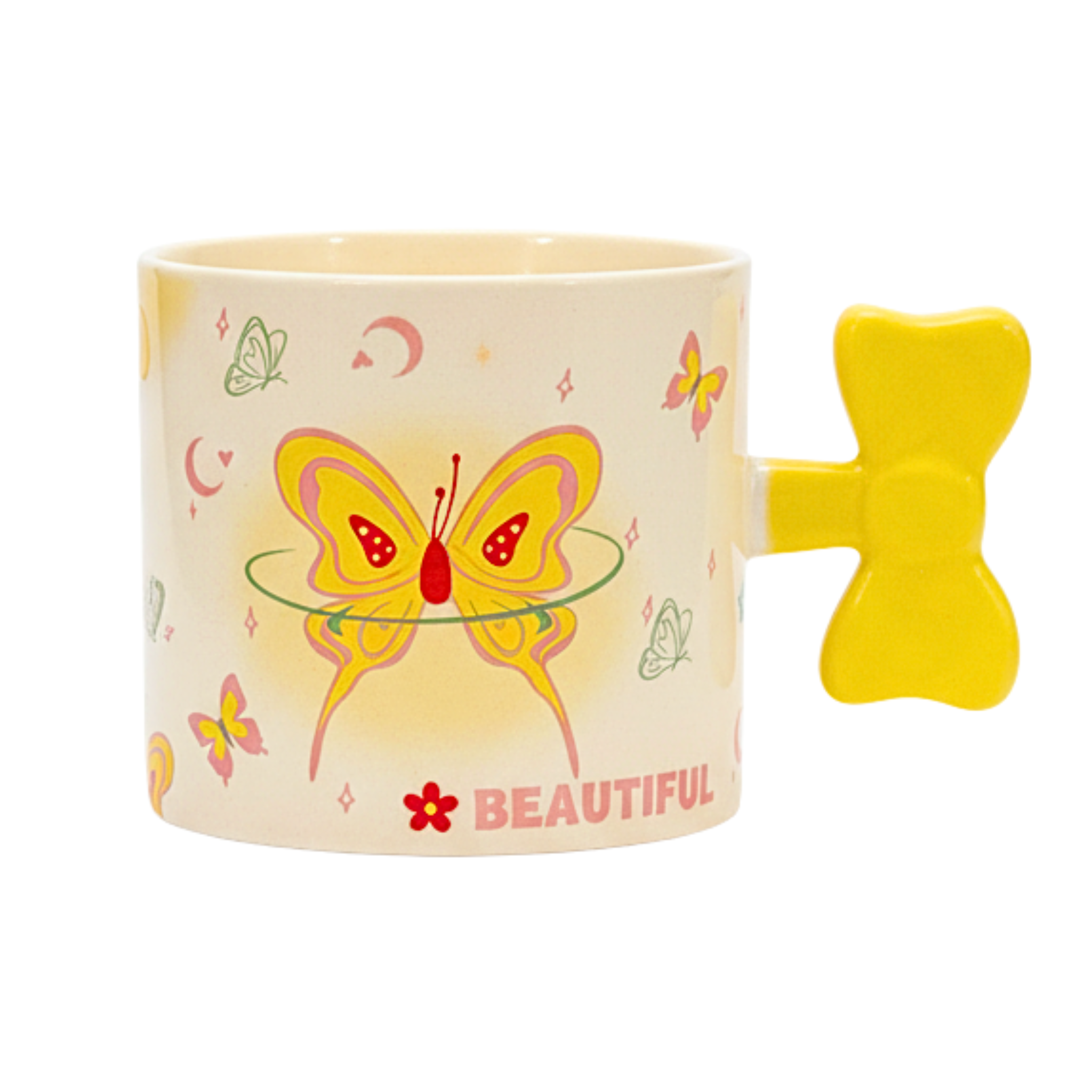 Mug papillon jaune – Anse nœud 3D “Beautiful” | Fiolla Home