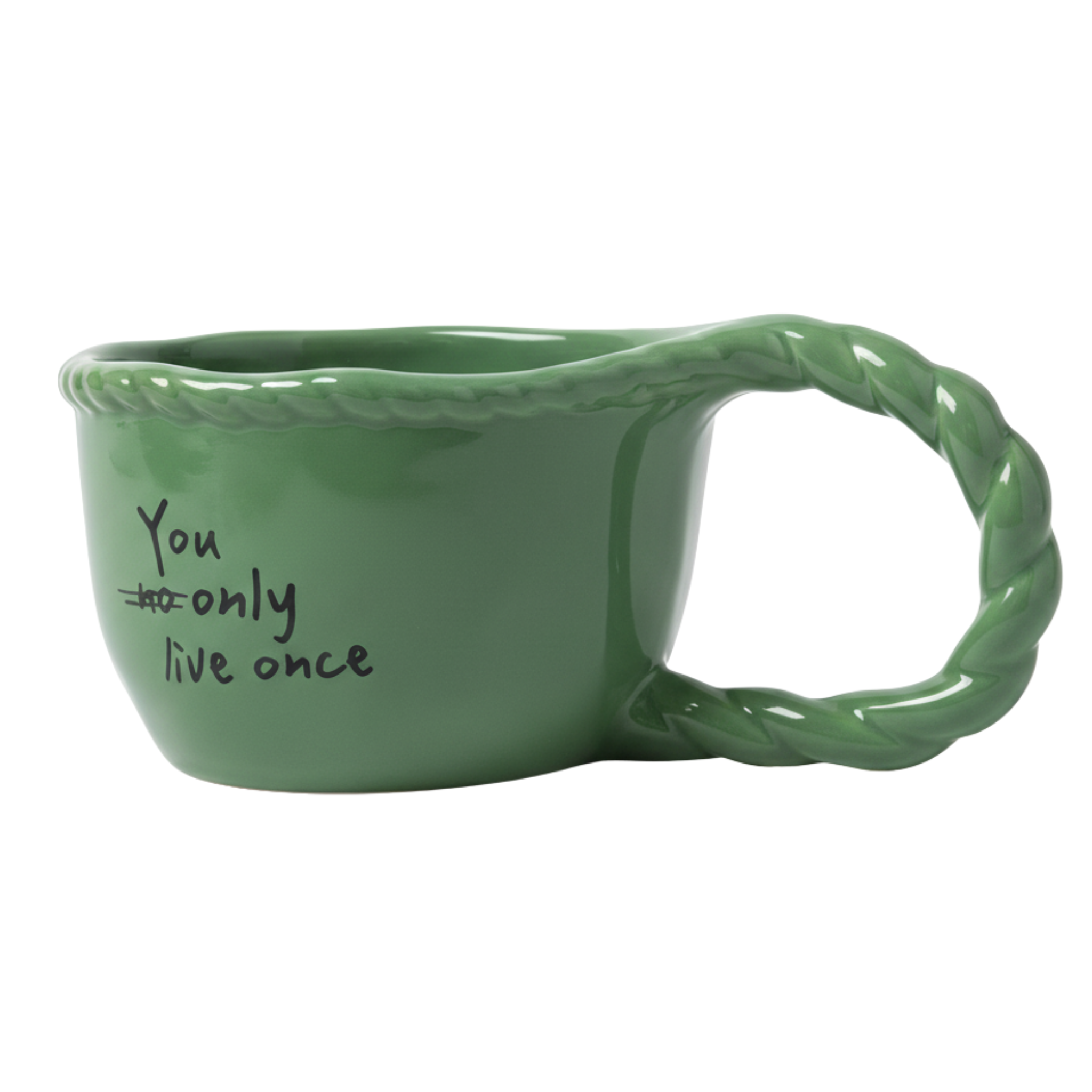 Mug en céramique vert – Anse torsadée & “You only live once” | Fiolla Home