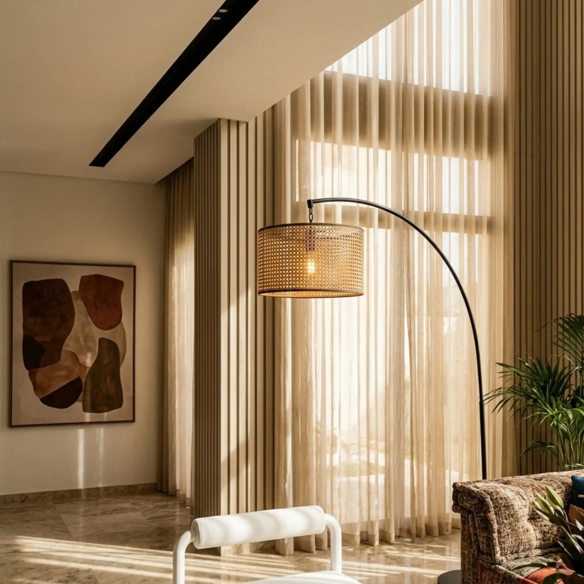 Lampadaire Arc Rotin & Métal Noir – Abat-jour Cannage