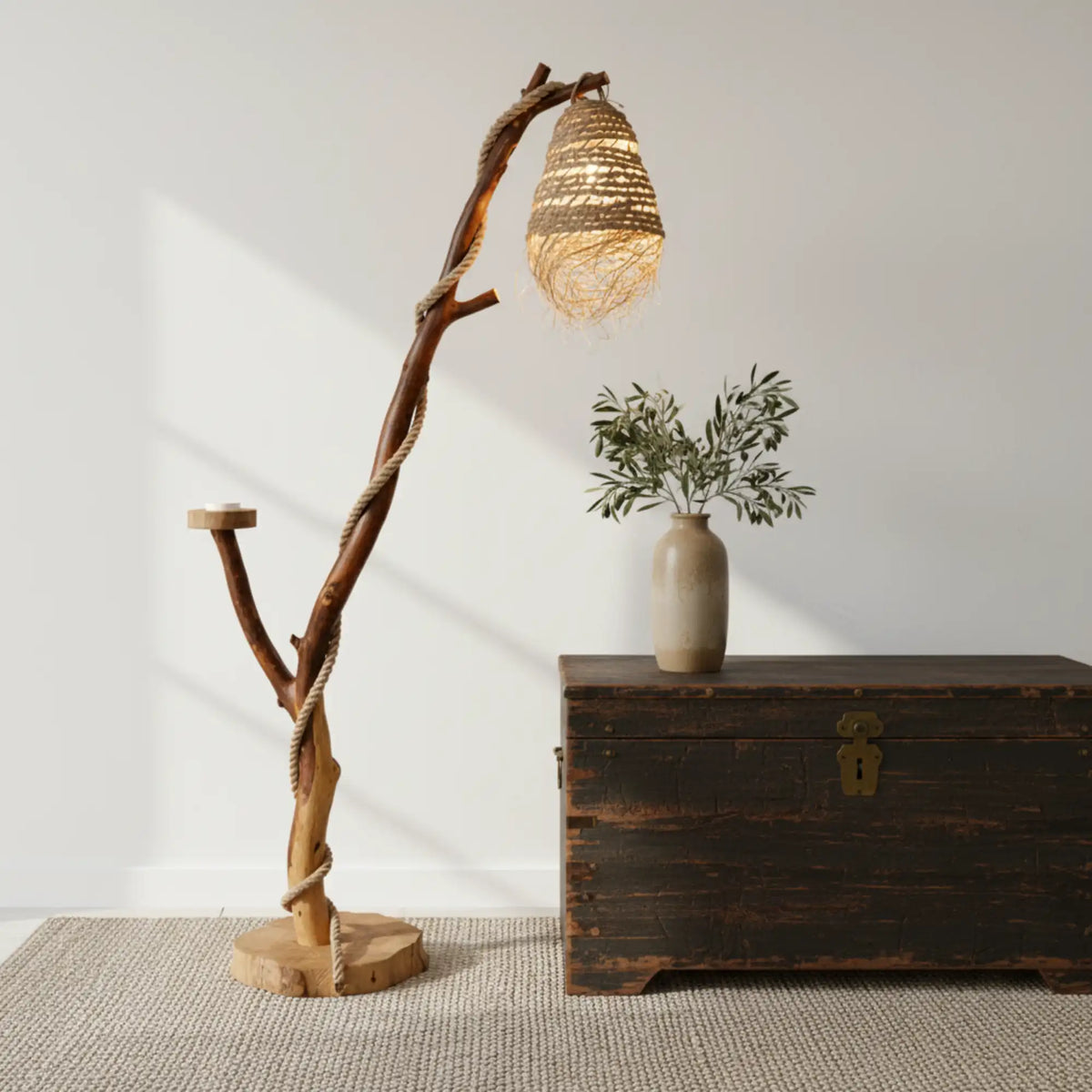 Lampadaire en bois flotté à abat-jour tressé à franges, près d'un coffre ancien en bois sombre et d'un vase de branchages