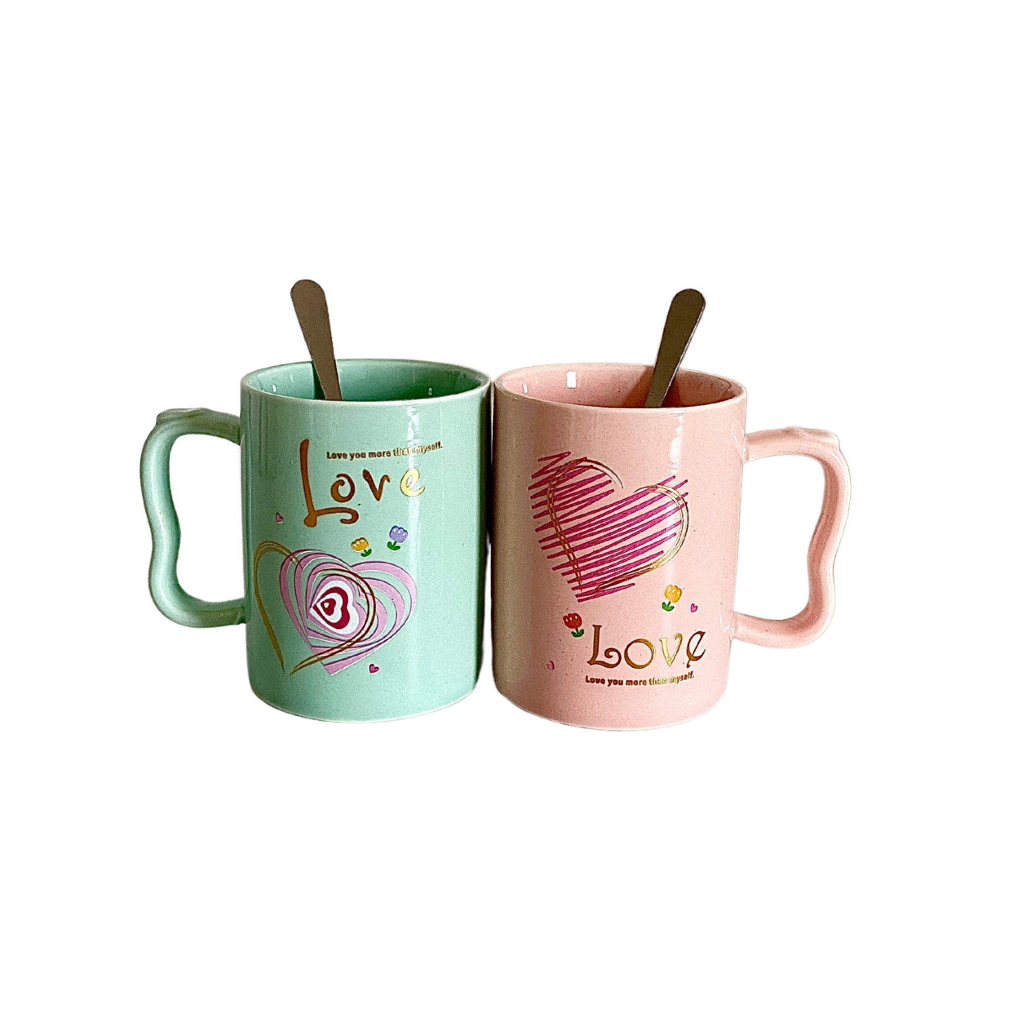 Coffret de deux mugs Love en céramique rose et vert avec cuillères