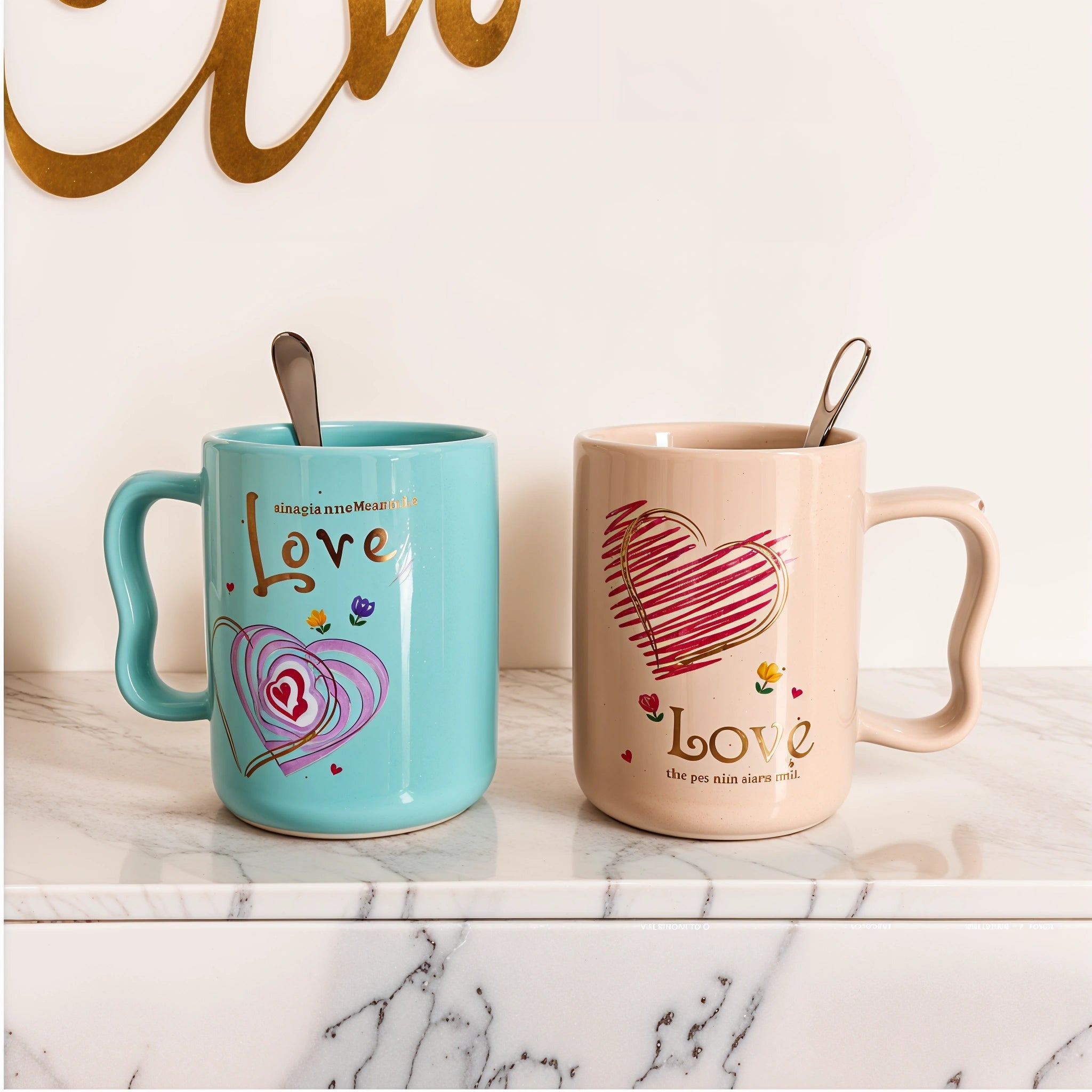 Détails des motifs sur le coffret de mugs Love en céramique rose et vert