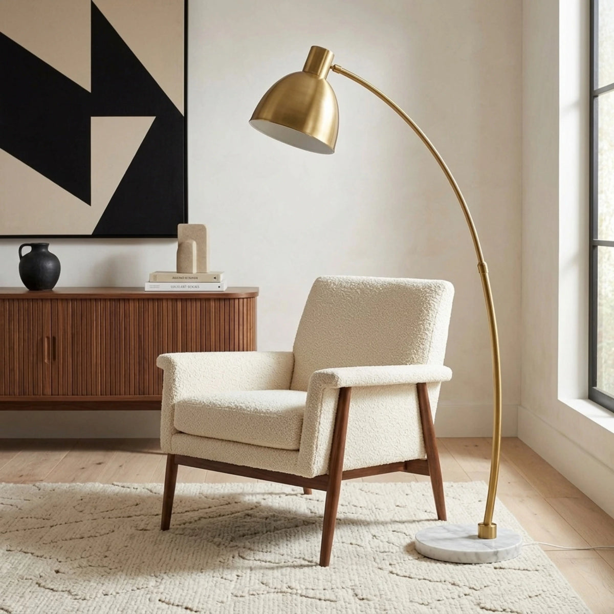 Lampadaire Arc Doré Tunisie | Socle Effet Marbre Blanc | Fiolla Home