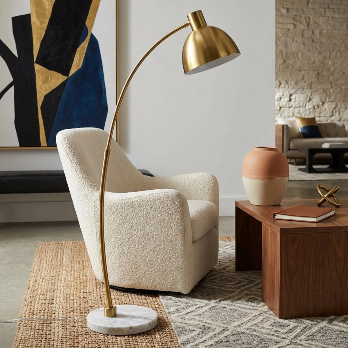Lampadaire Arc Doré Tunisie | Socle Effet Marbre Blanc | Fiolla Home