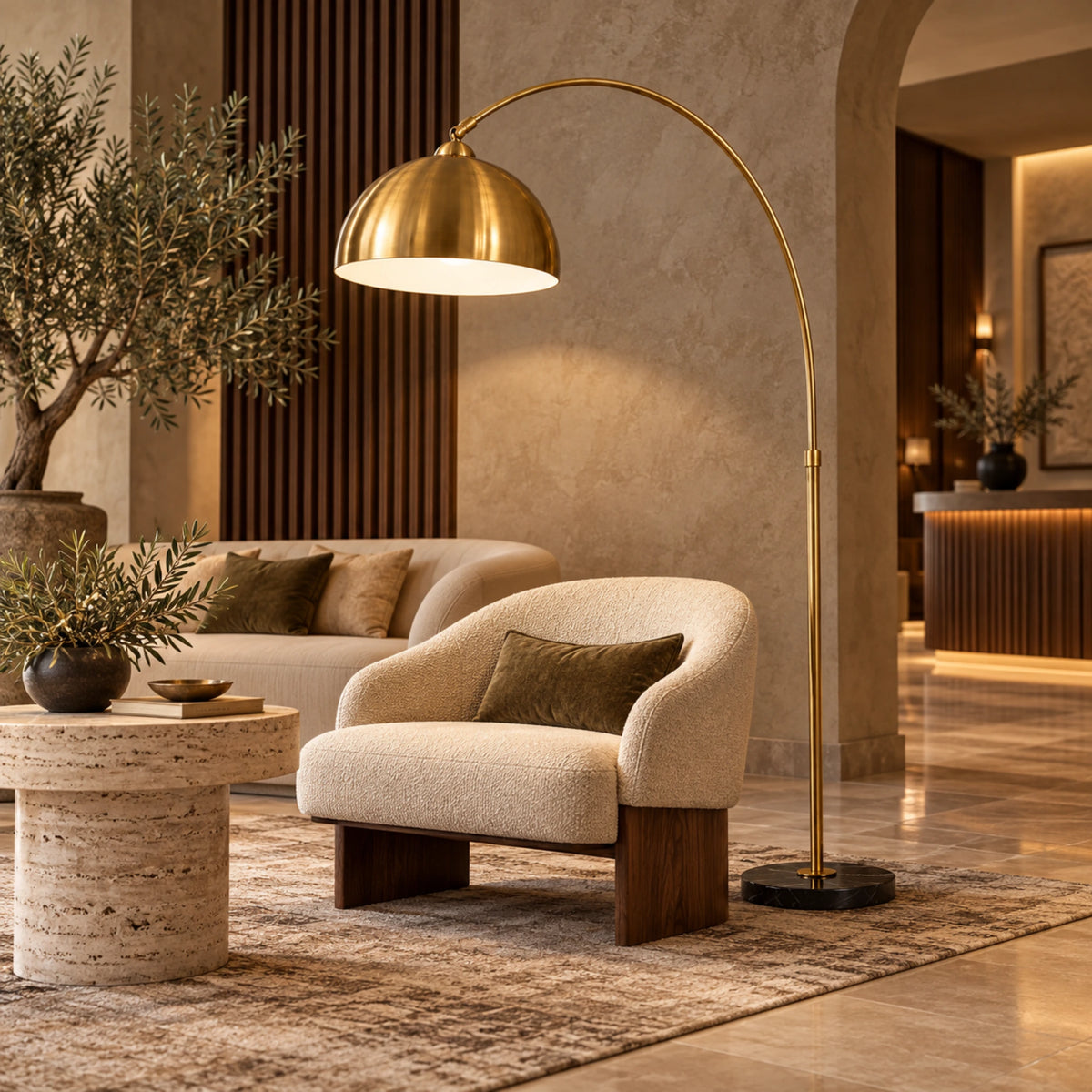 Lampadaire Arc Tunisie | Doré & Socle Effet Marbre Noir | Fiolla Home