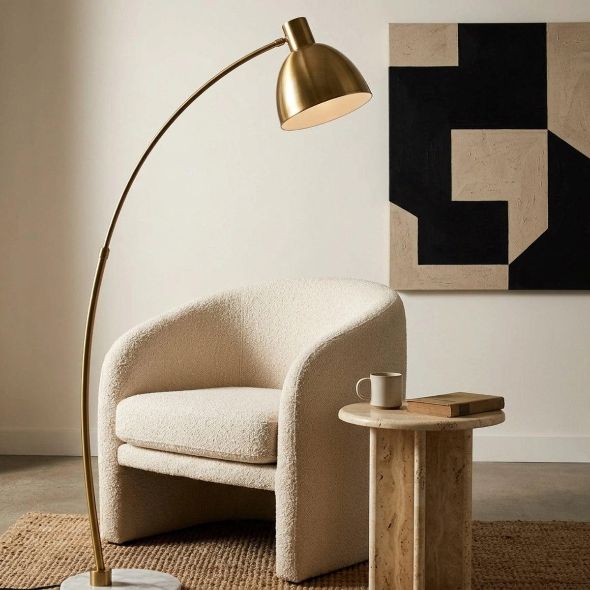 Lampadaire Arc Doré Tunisie | Socle Effet Marbre Blanc | Fiolla Home