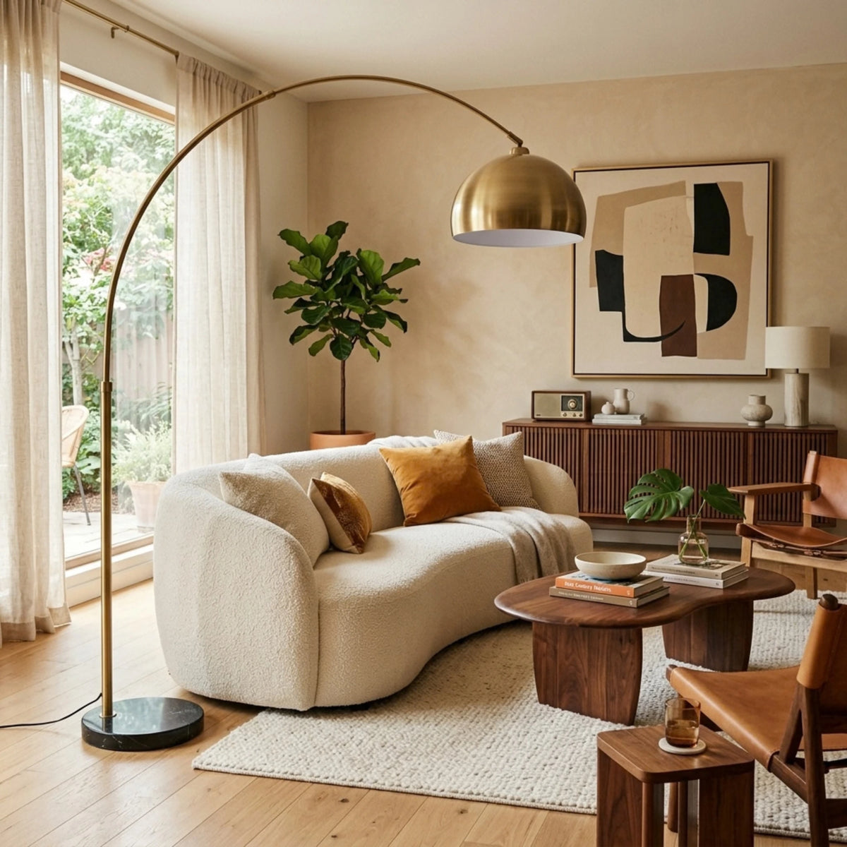 Lampadaire Arc Tunisie | Doré & Socle Effet Marbre Noir | Fiolla Home