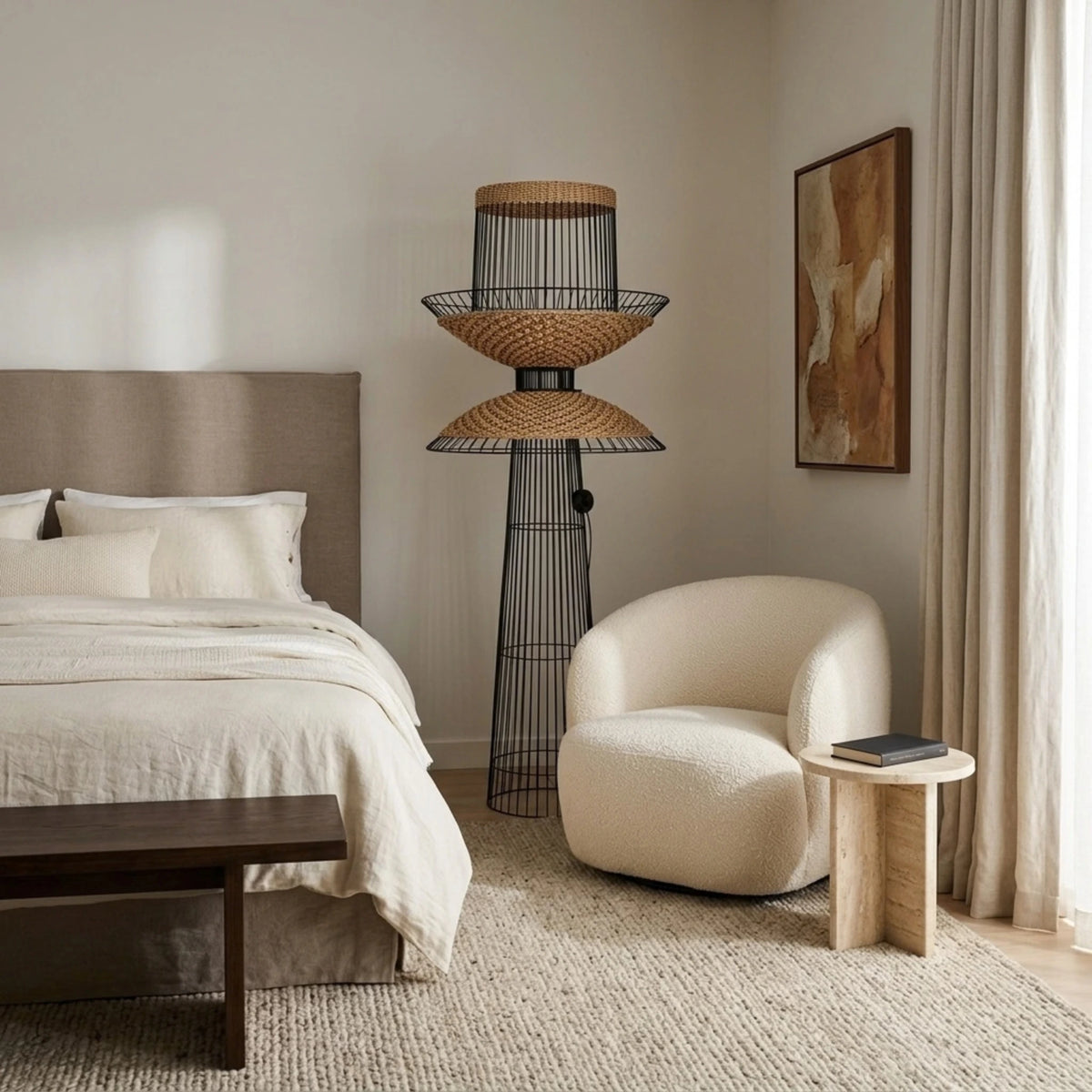 Lampadaire Rotin Tunisie | Fibre de Bananier & Métal Noir | Fiolla Home