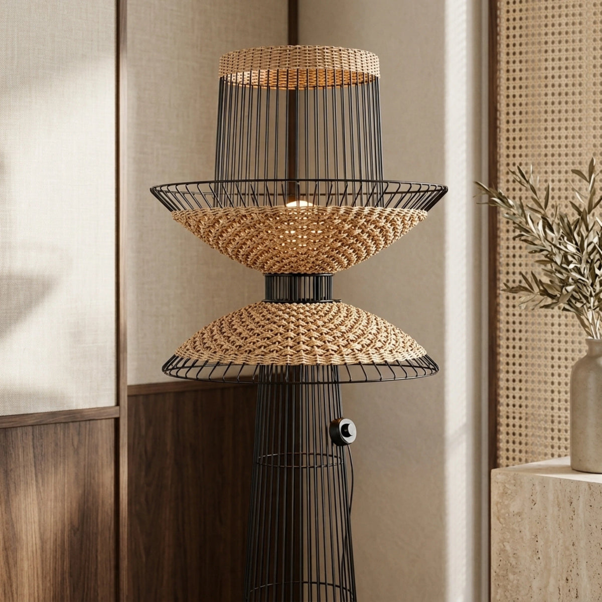 Lampadaire Rotin Tunisie | Fibre de Bananier & Métal Noir | Fiolla Home