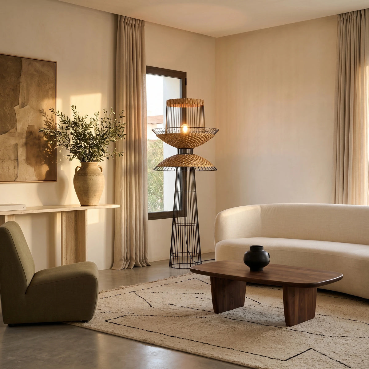 Lampadaire Rotin Tunisie | Fibre de Bananier & Métal Noir | Fiolla Home