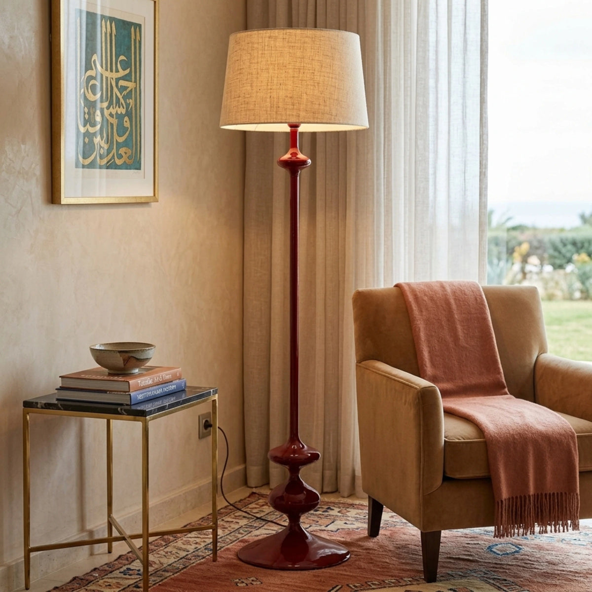 Lampadaire Rouge Tunisie | Bois Tourné Pièce Unique | Fiolla Home