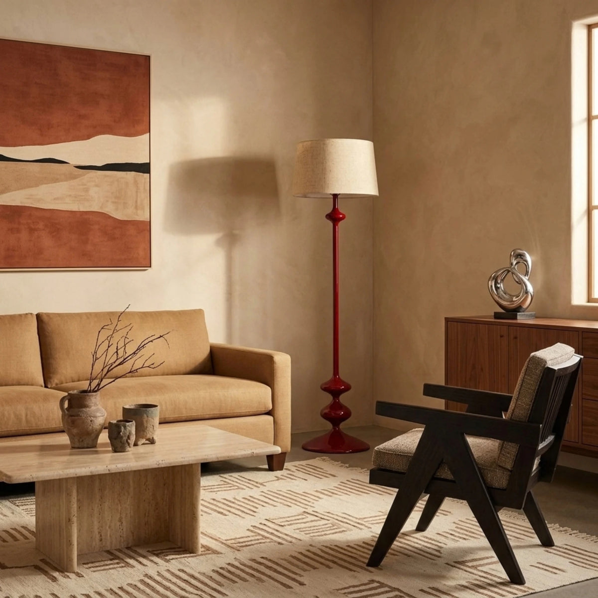 Lampadaire Rouge Tunisie | Bois Tourné Pièce Unique | Fiolla Home