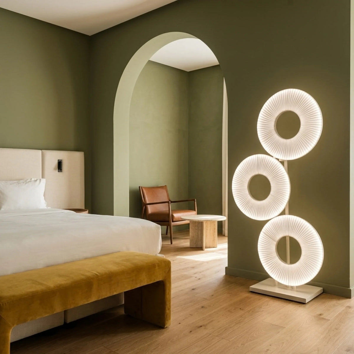 Lampadaire LED Tunisie | 3 Anneaux en Tissu Blanc | Fiolla Home