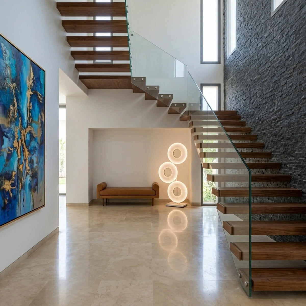 Lampadaire LED Tunisie | 3 Anneaux en Tissu Blanc | Fiolla Home