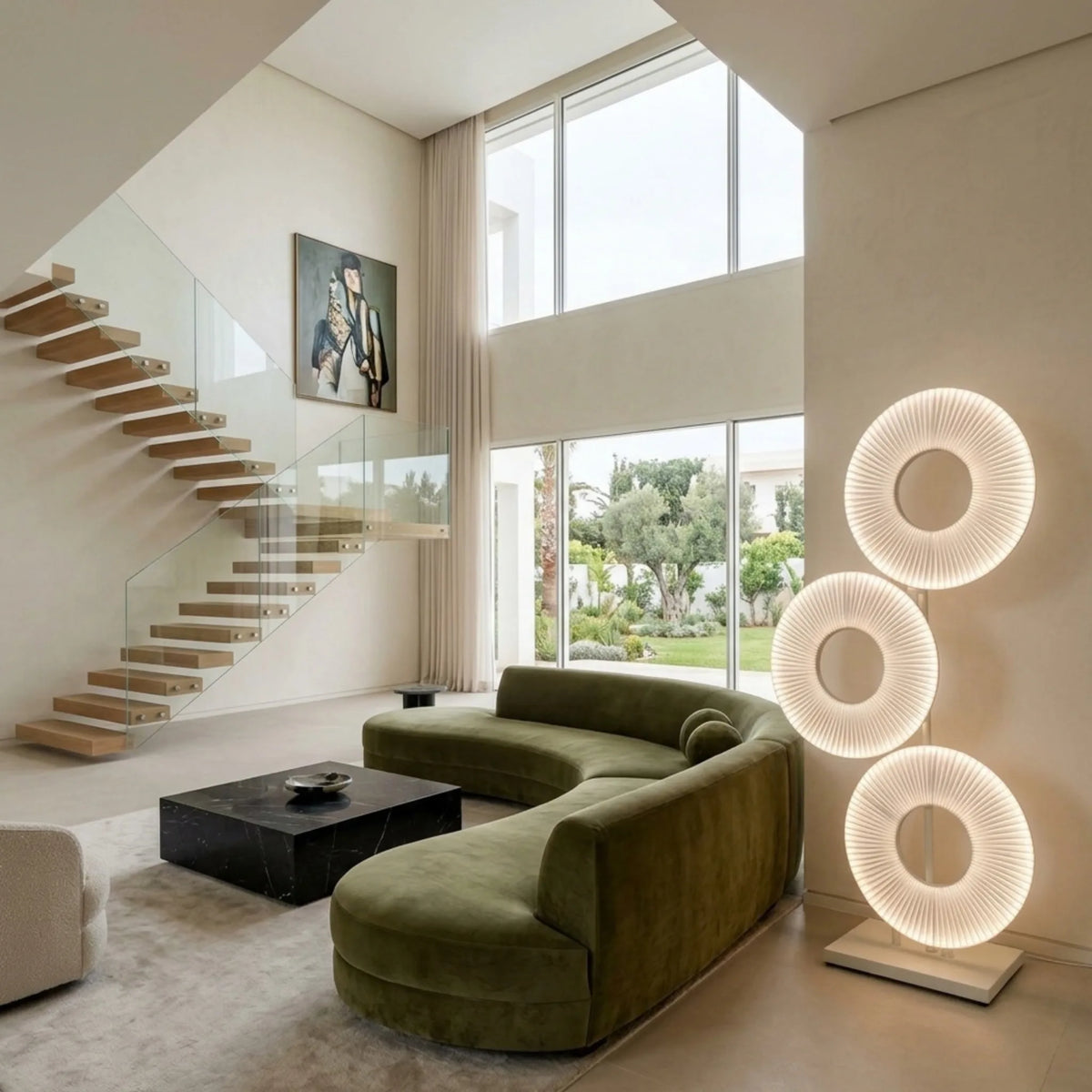 Lampadaire LED Tunisie | 3 Anneaux en Tissu Blanc | Fiolla Home