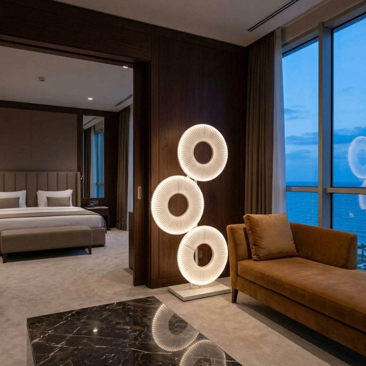 Lampadaire LED Tunisie | 3 Anneaux en Tissu Blanc | Fiolla Home