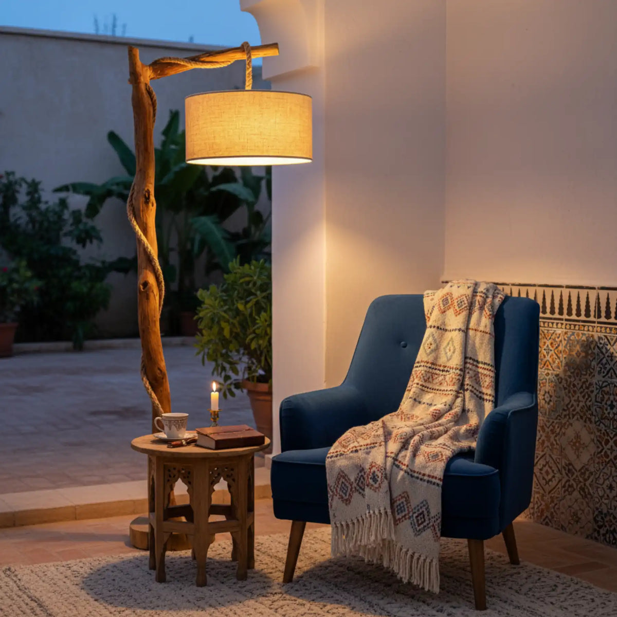 Lampadaire en bois flotté allumé sur un patio en soirée, près d'un fauteuil bleu et d'une table d'appoint en bois sculpté