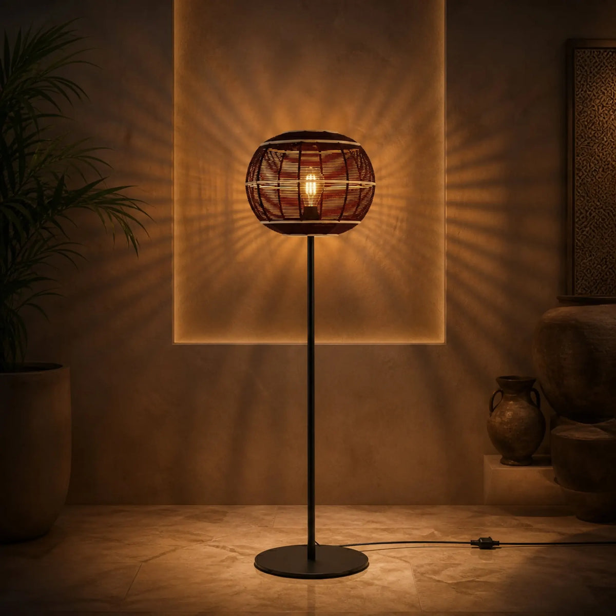 Lampadaire boule allumé la nuit avec ampoule filament, projetant des ombres décoratives sur le mur
