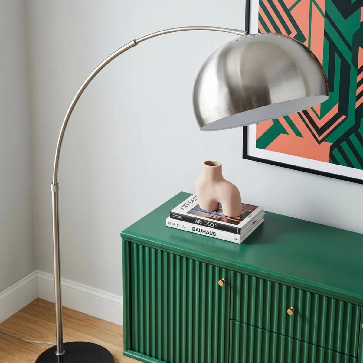 Lampadaire Arc Argenté Tunisie | Grand Dôme & Socle Noir | Fiolla Home