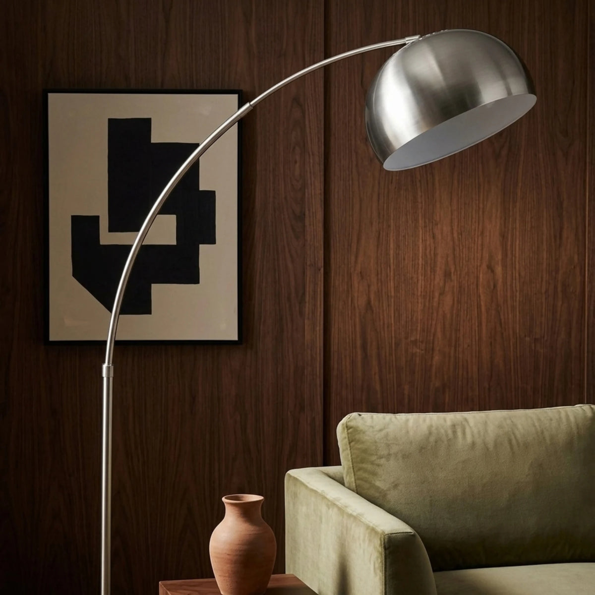 Lampadaire Arc Argenté Tunisie | Grand Dôme & Socle Noir | Fiolla Home