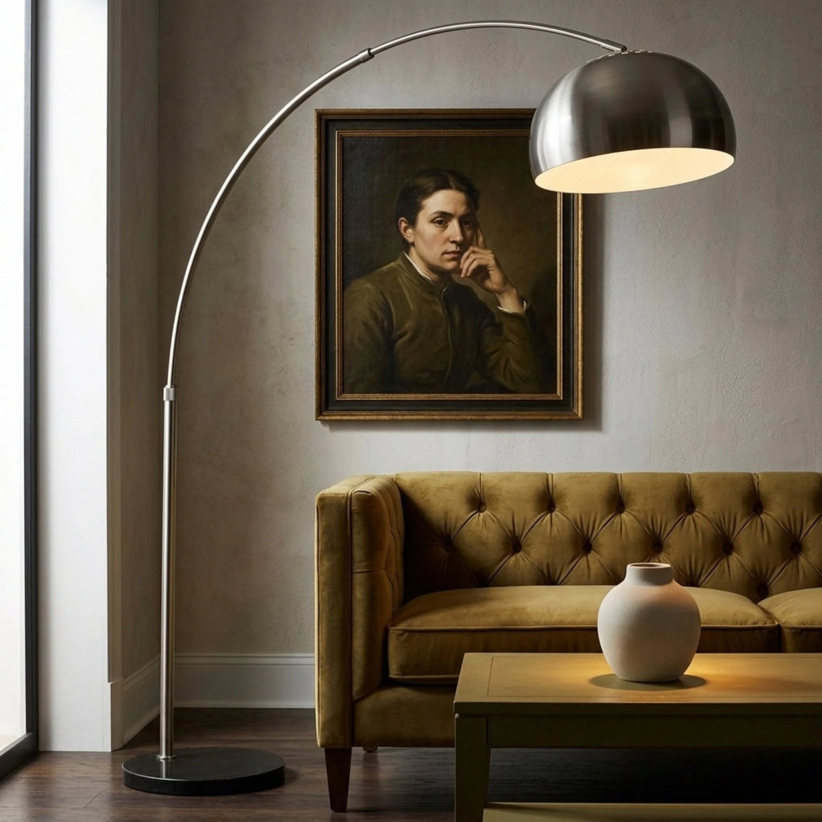 Lampadaire Arc Argenté Tunisie | Grand Dôme & Socle Noir | Fiolla Home