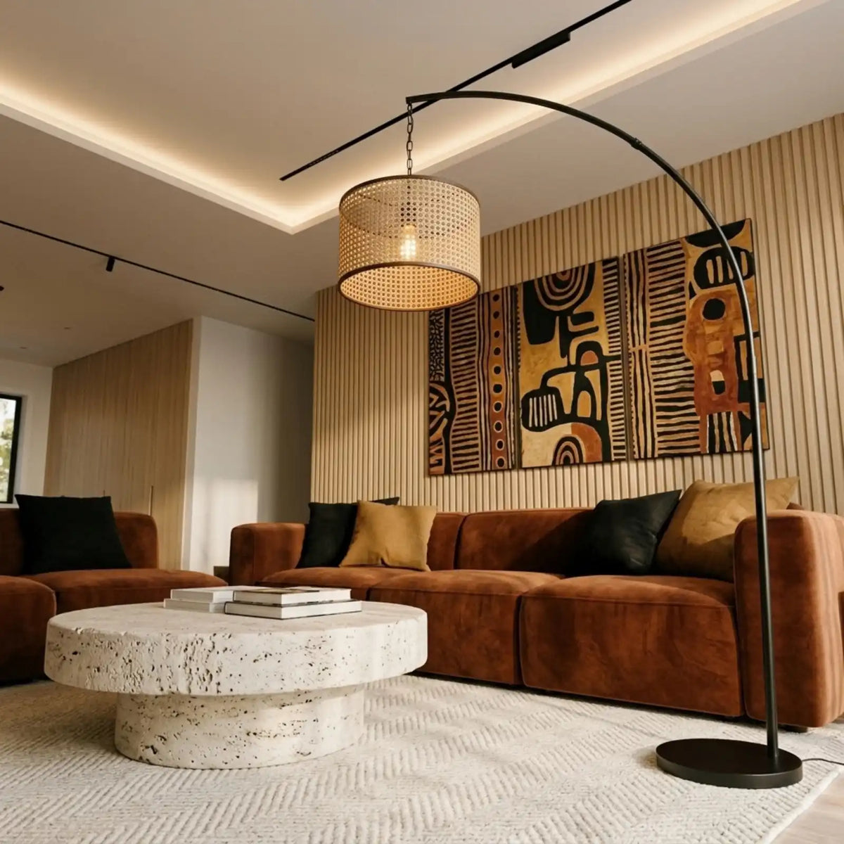 Lampadaire Arc Rotin & Métal Noir – Abat-jour Cannage