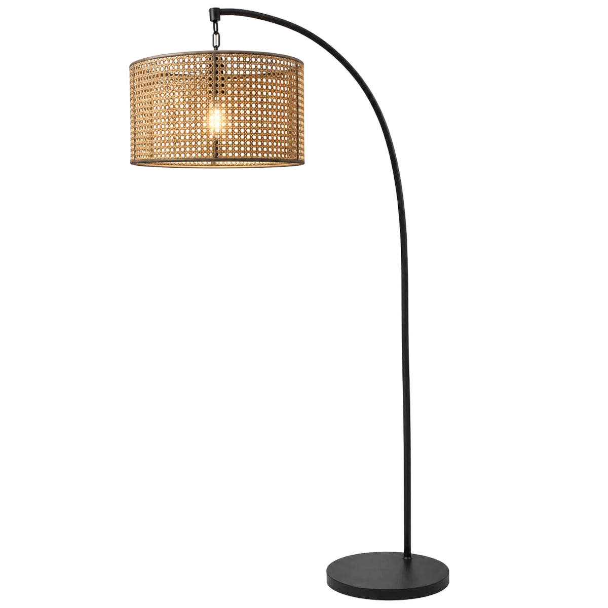Lampadaire Arc Rotin & Métal Noir – Abat-jour Cannage